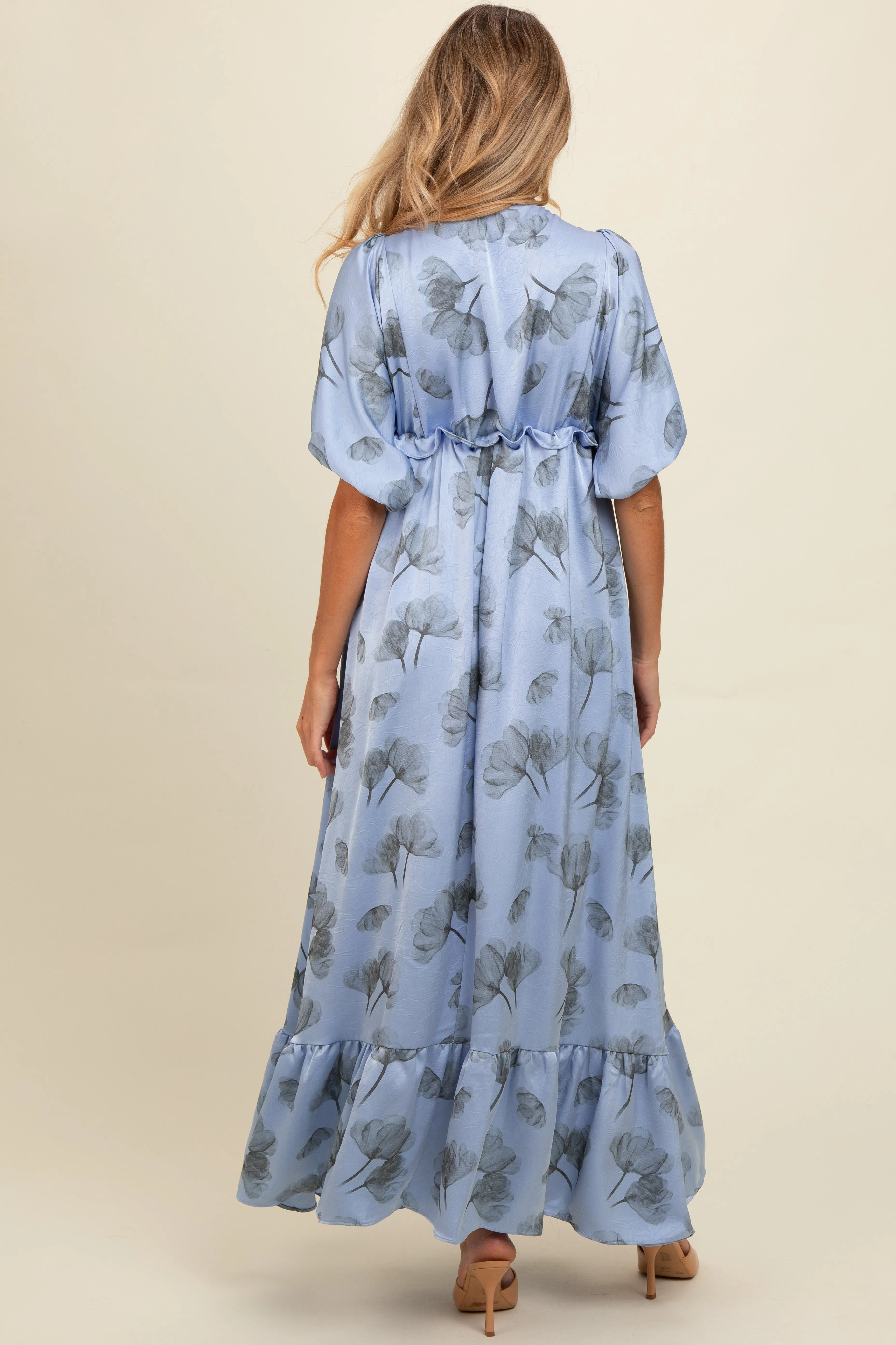 Blue Floral Chiffon Ruffle Accent Maternity Maxi Dress sold by Pinkblush product image thumbnail 3
