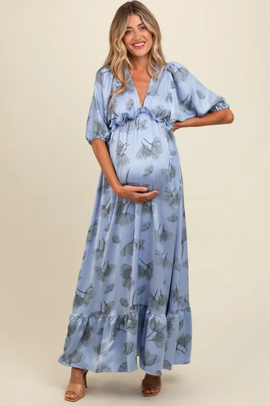 Blue Floral Chiffon Ruffle Accent Maternity Maxi Dress sold by Pinkblush
