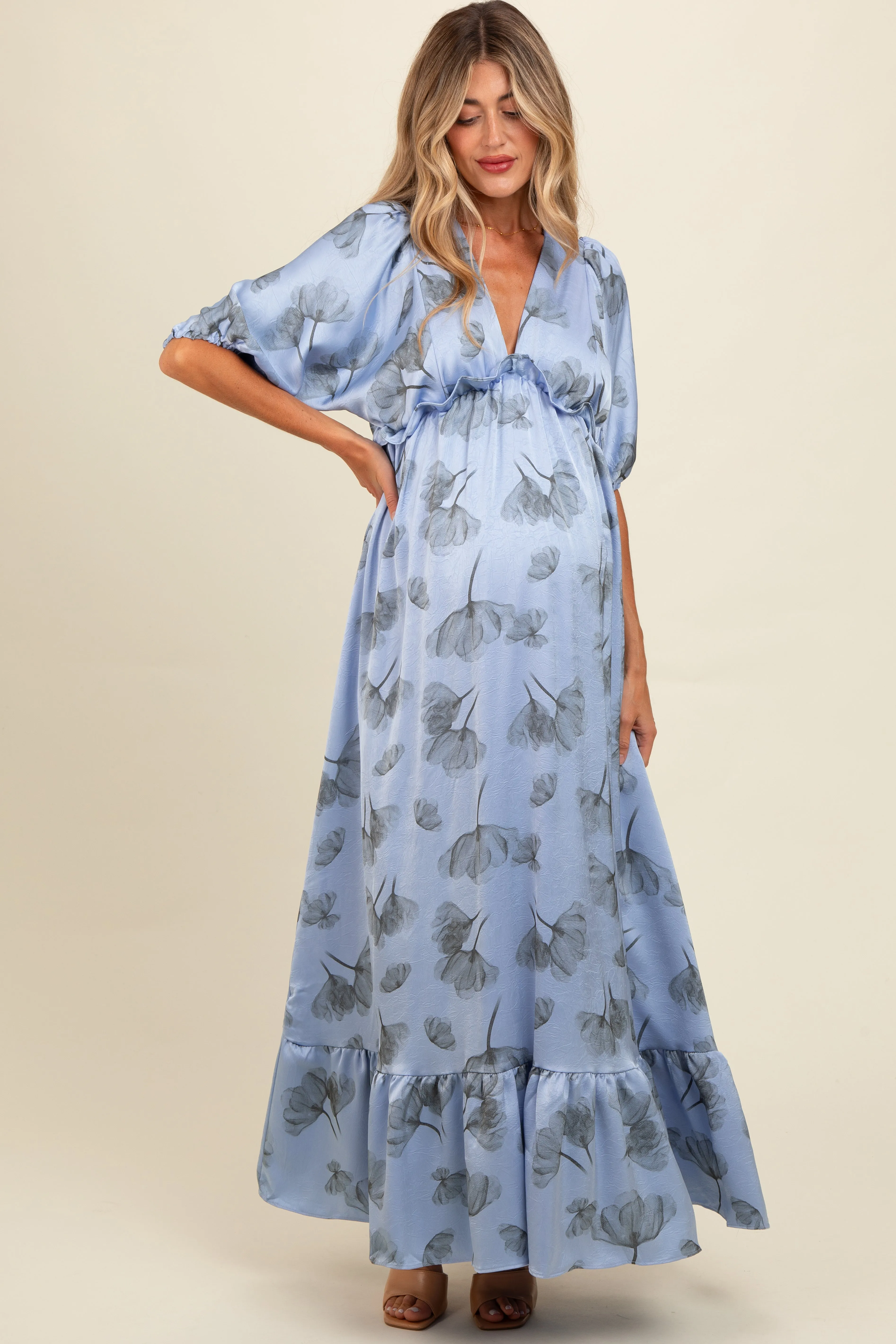 Blue Floral Chiffon Ruffle Accent Maternity Maxi Dress sold by Pinkblush product image thumbnail 2