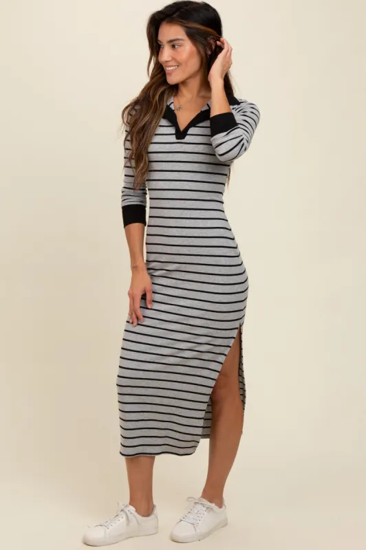 Heather Grey Striped Collared Long Sleeve Midi Dress sold by Pinkblush
