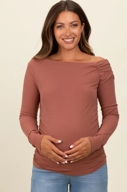 Rust One Shoulder Long Sleeve Maternity Top sold by Pinkblush