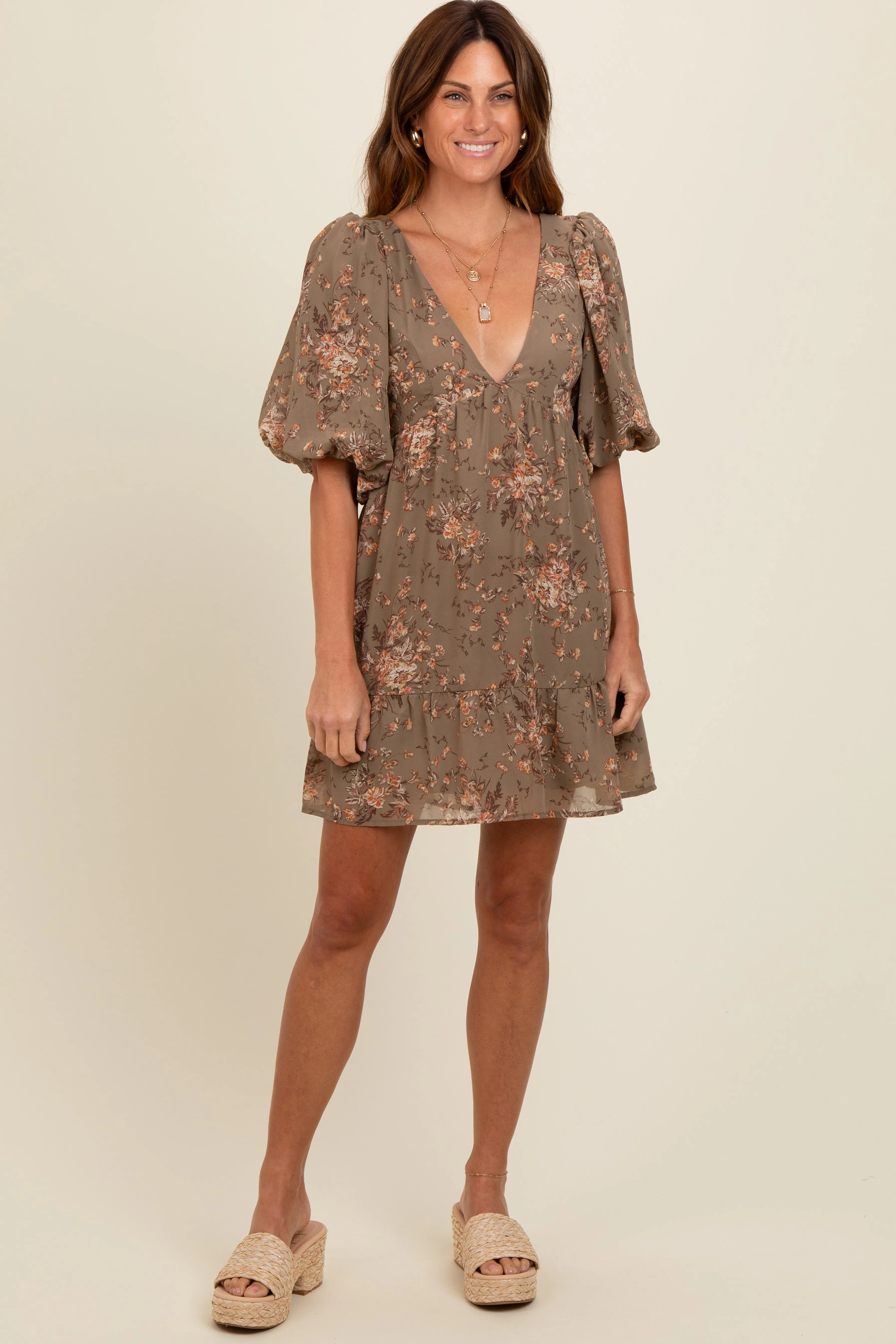 Olive Deep V-Neck Tie Back Floral Mini Dress sold by Pinkblush