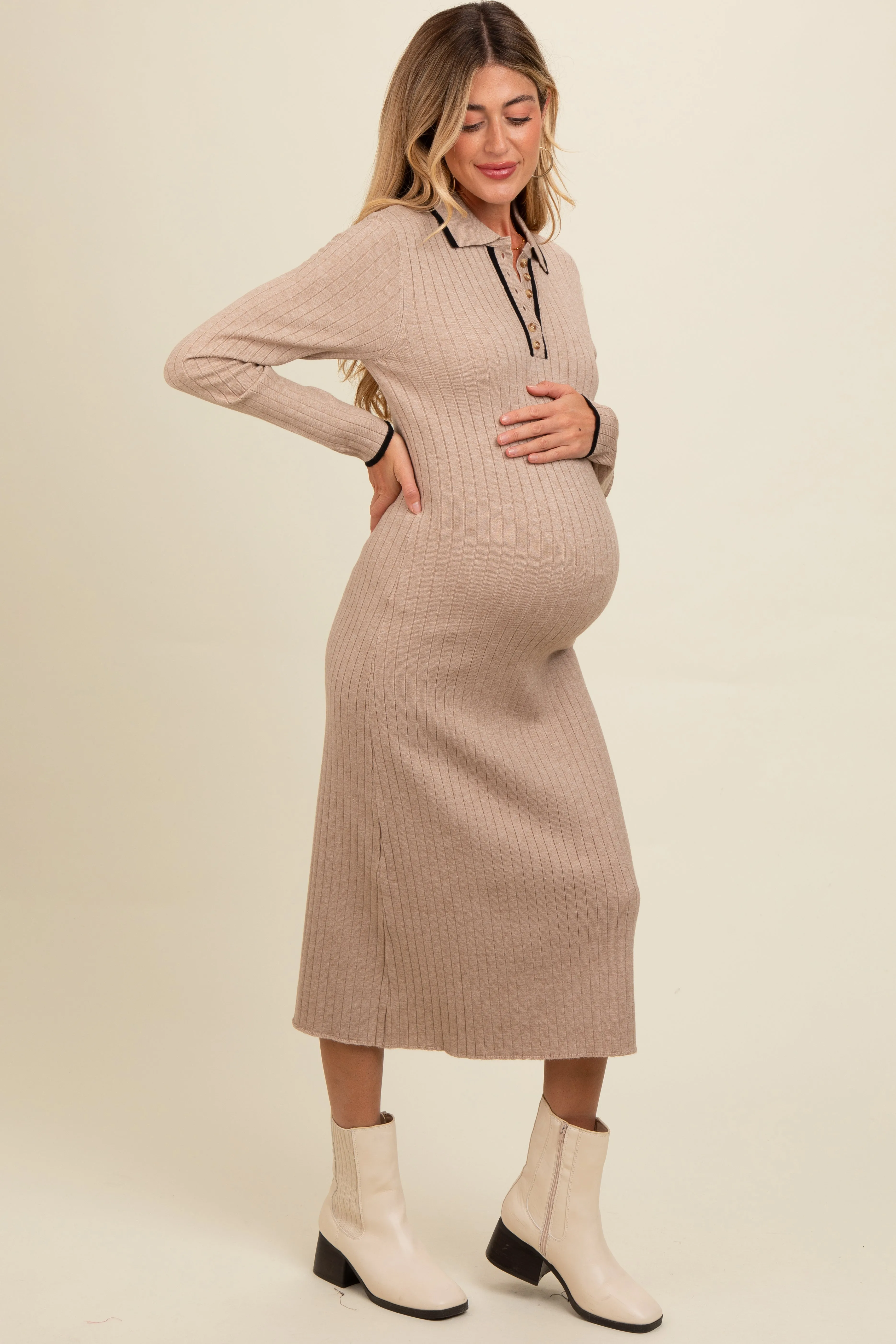 Beige Ribbed Contrast Trim Polo Maternity Midi Sweater Dress sold by Pinkblush product image thumbnail 2