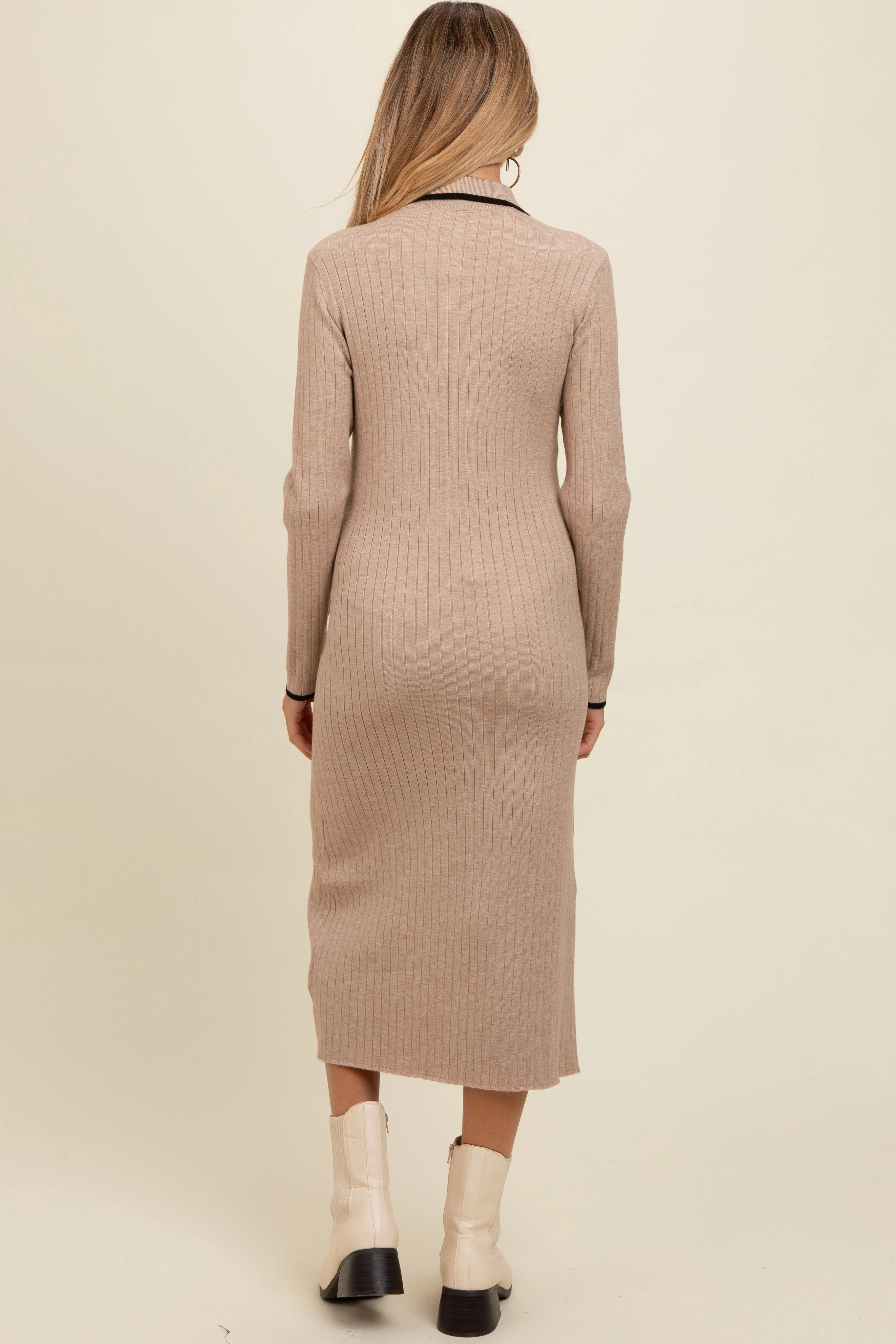 Beige Ribbed Contrast Trim Polo Maternity Midi Sweater Dress sold by Pinkblush product image thumbnail 3