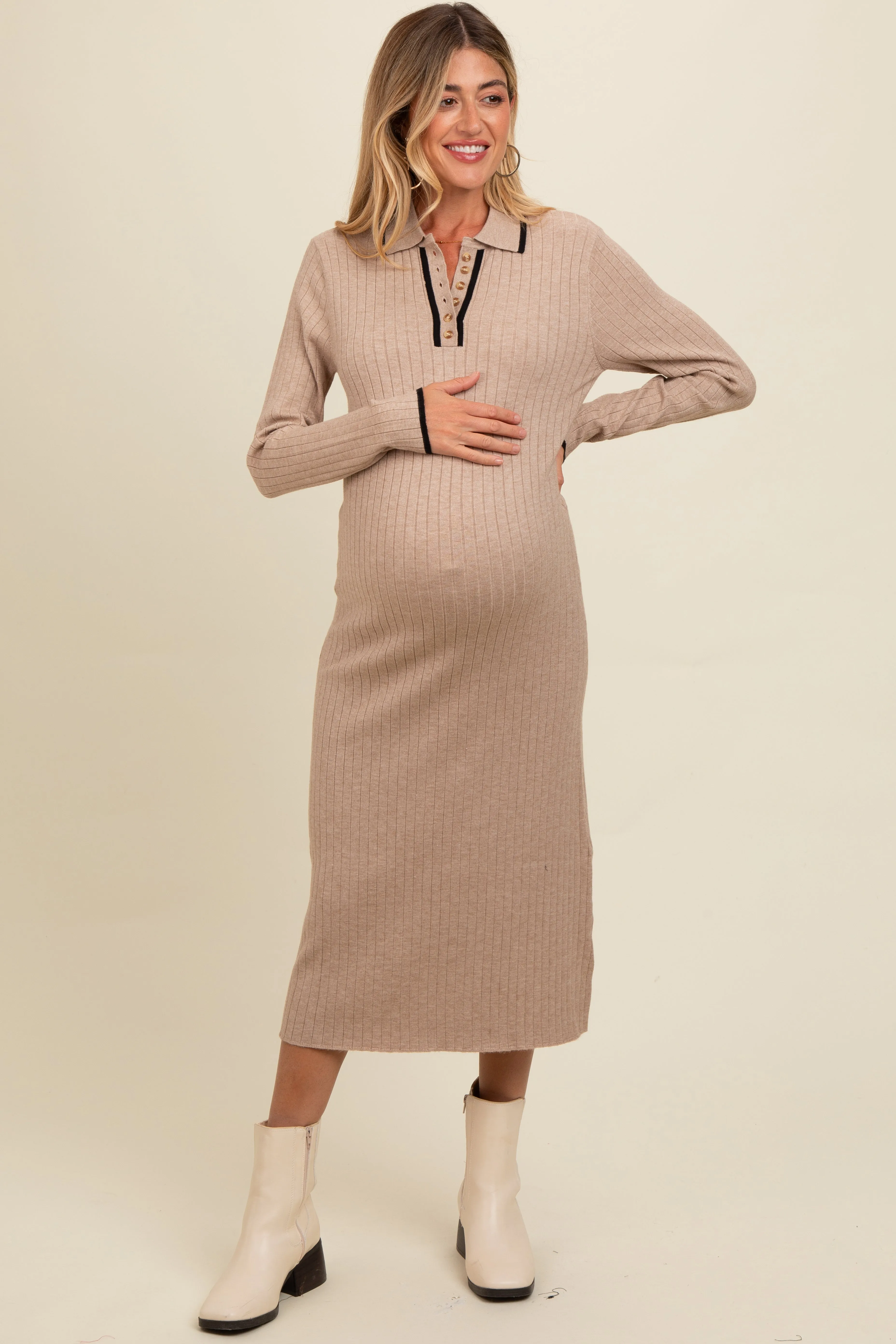Beige Ribbed Contrast Trim Polo Maternity Midi Sweater Dress sold by Pinkblush