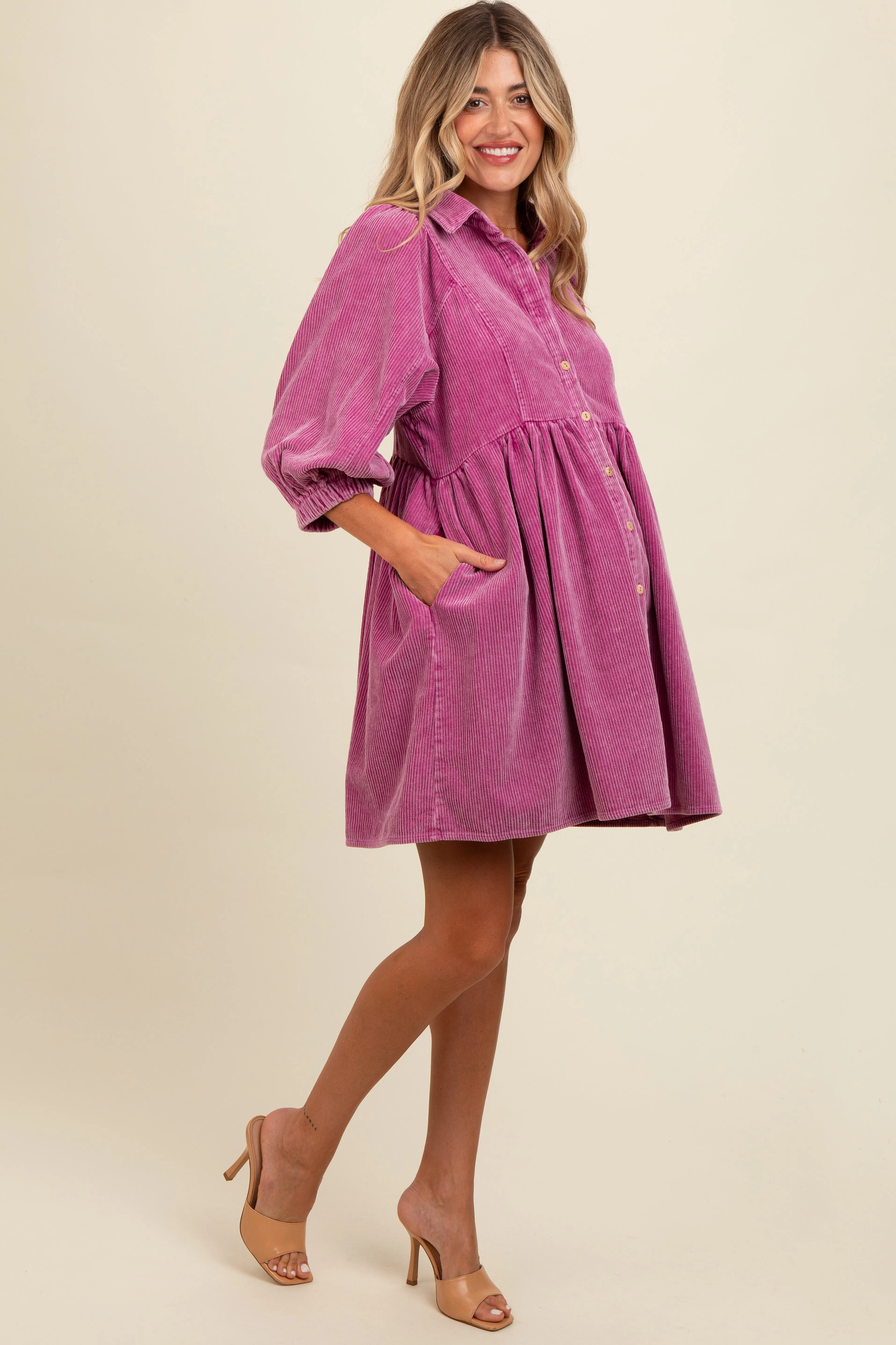 Magenta Corduroy Button Down Maternity Dress sold by Pinkblush product image thumbnail 2