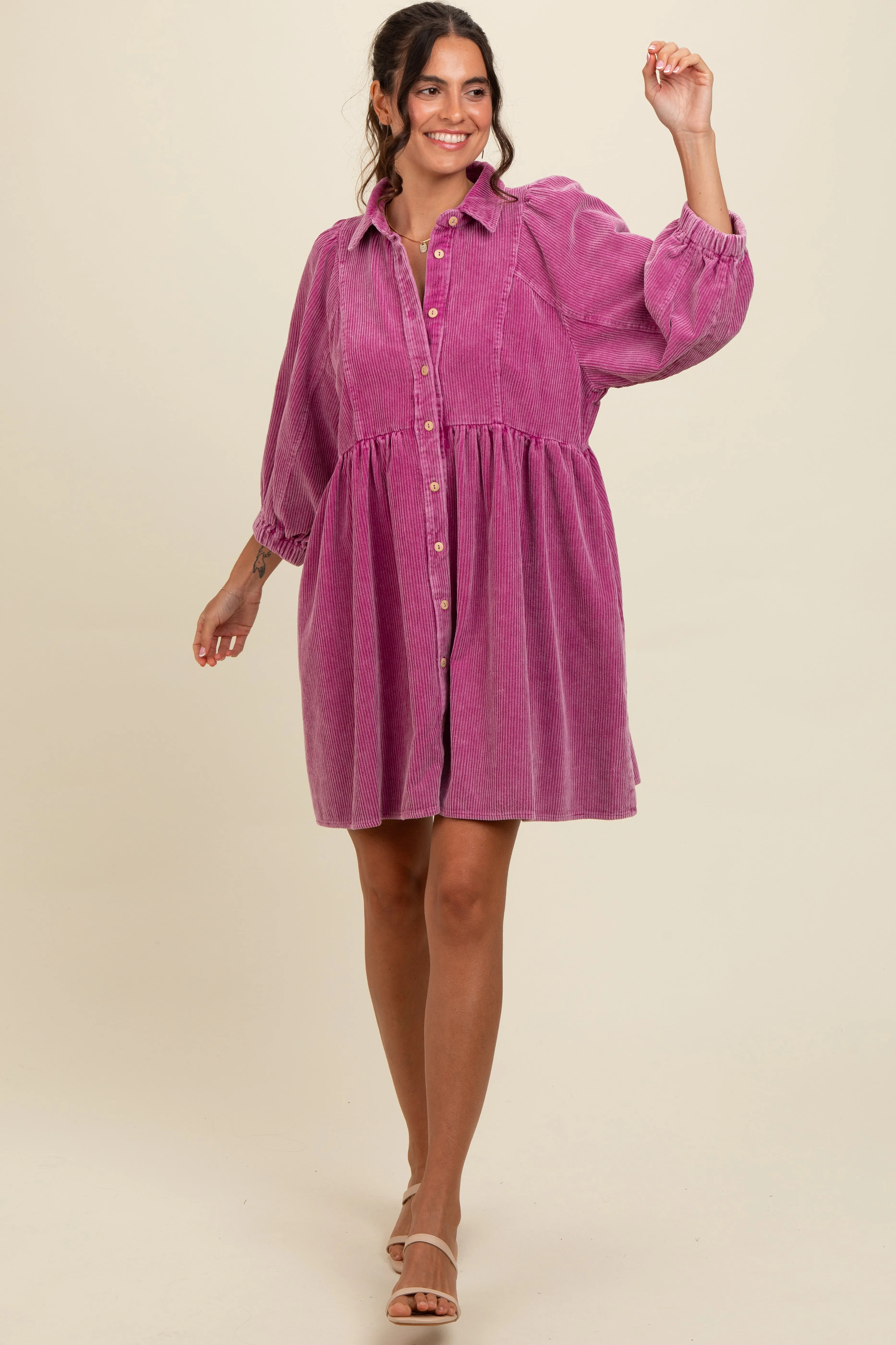 Magenta Corduroy Button Down Dress sold by Pinkblush