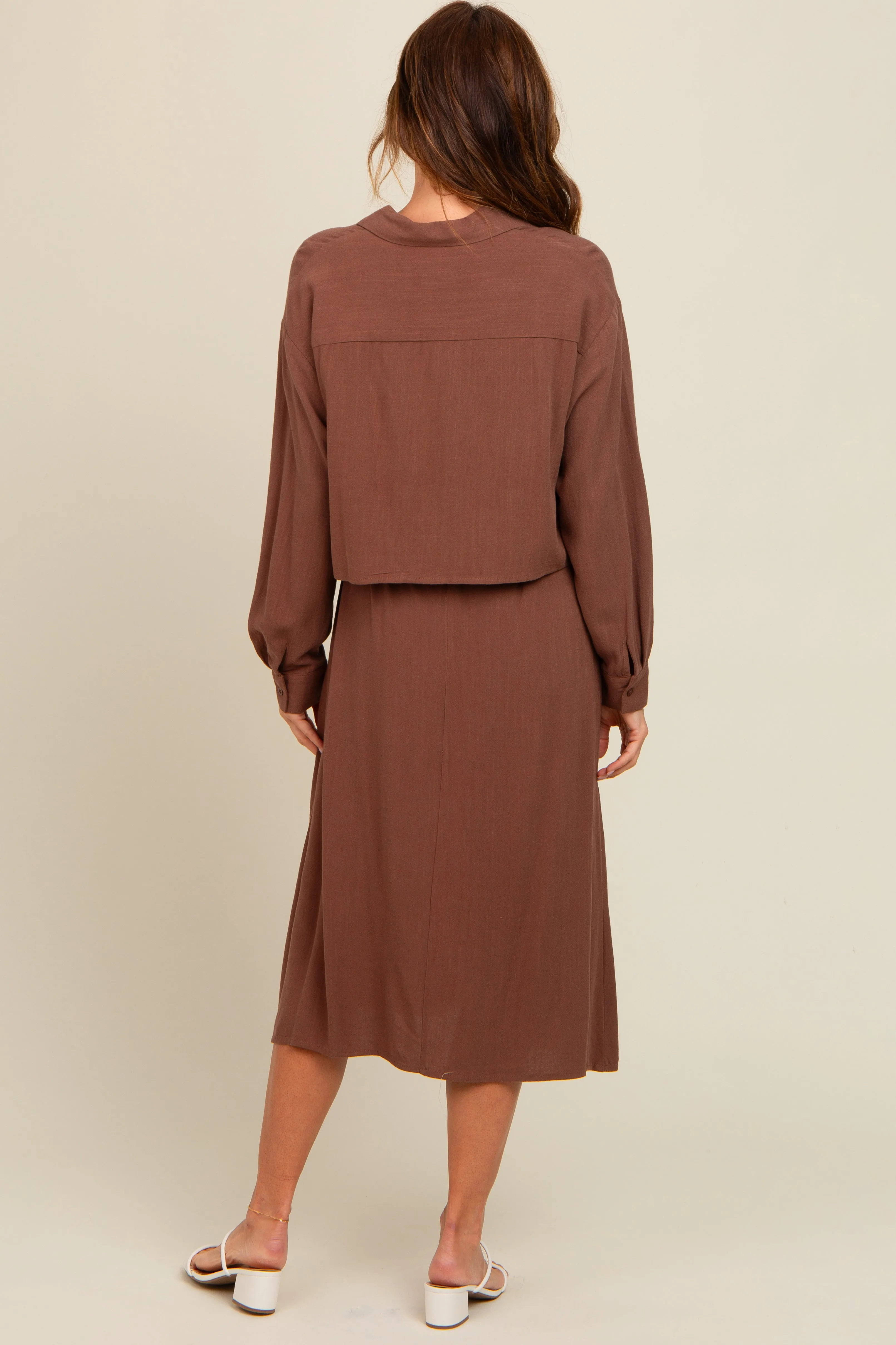 Mocha Linen Cropped Shirt Midi Dress Set sold by Pinkblush product image thumbnail 3