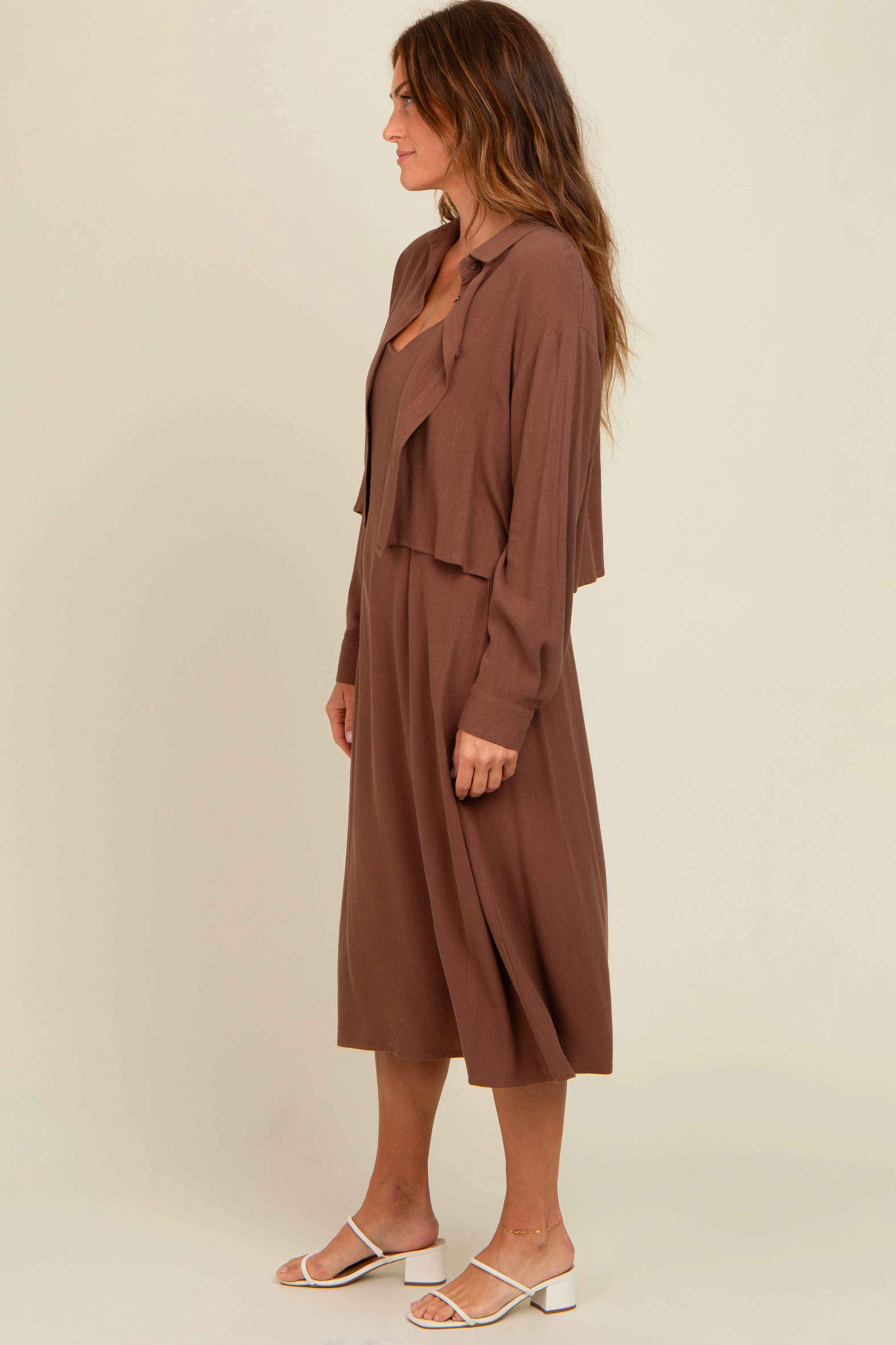 Mocha Linen Cropped Shirt Midi Dress Set sold by Pinkblush product image thumbnail 2
