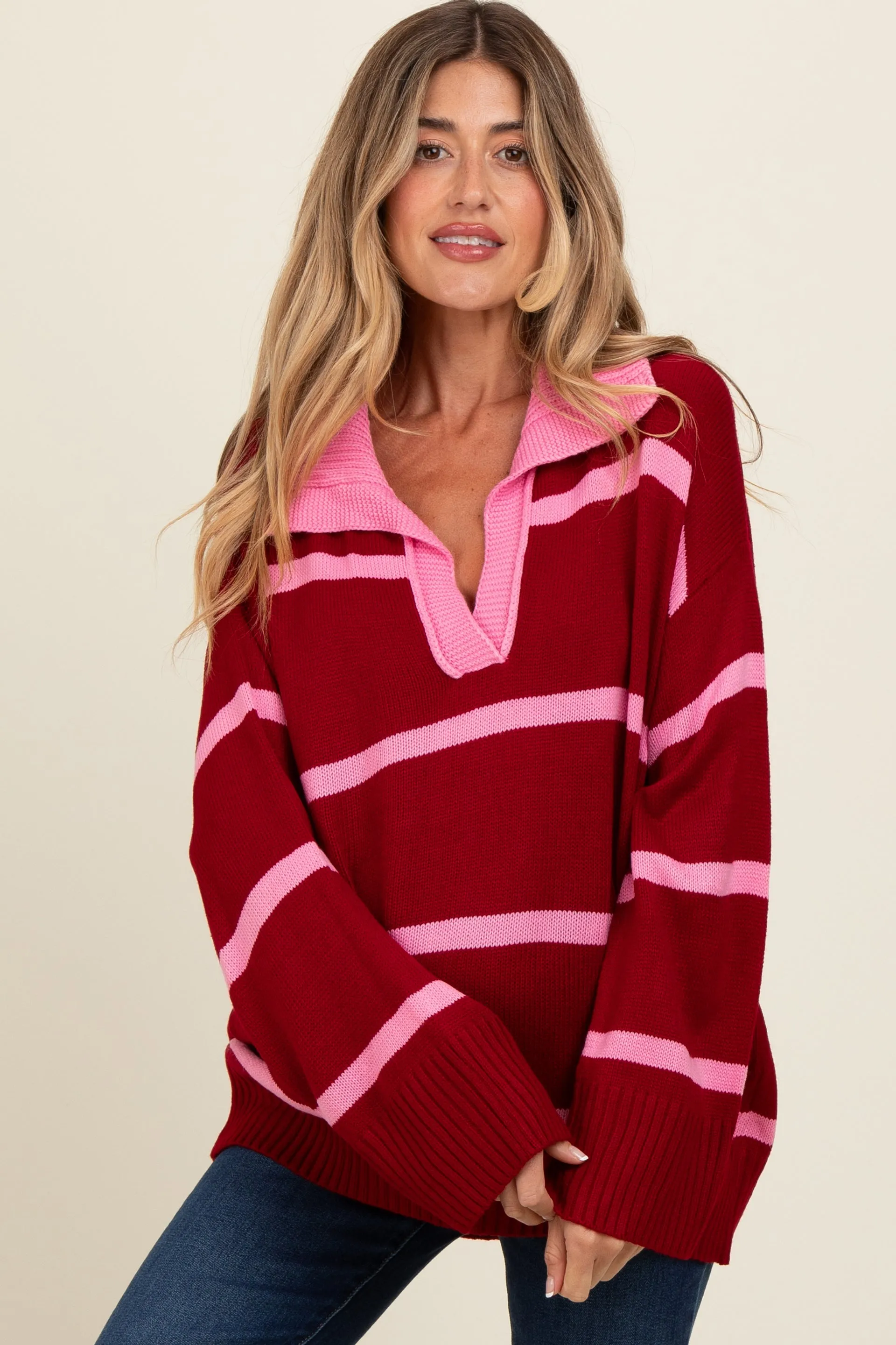 Red Striped Collared Maternity Sweater sold by Pinkblush product image thumbnail 2