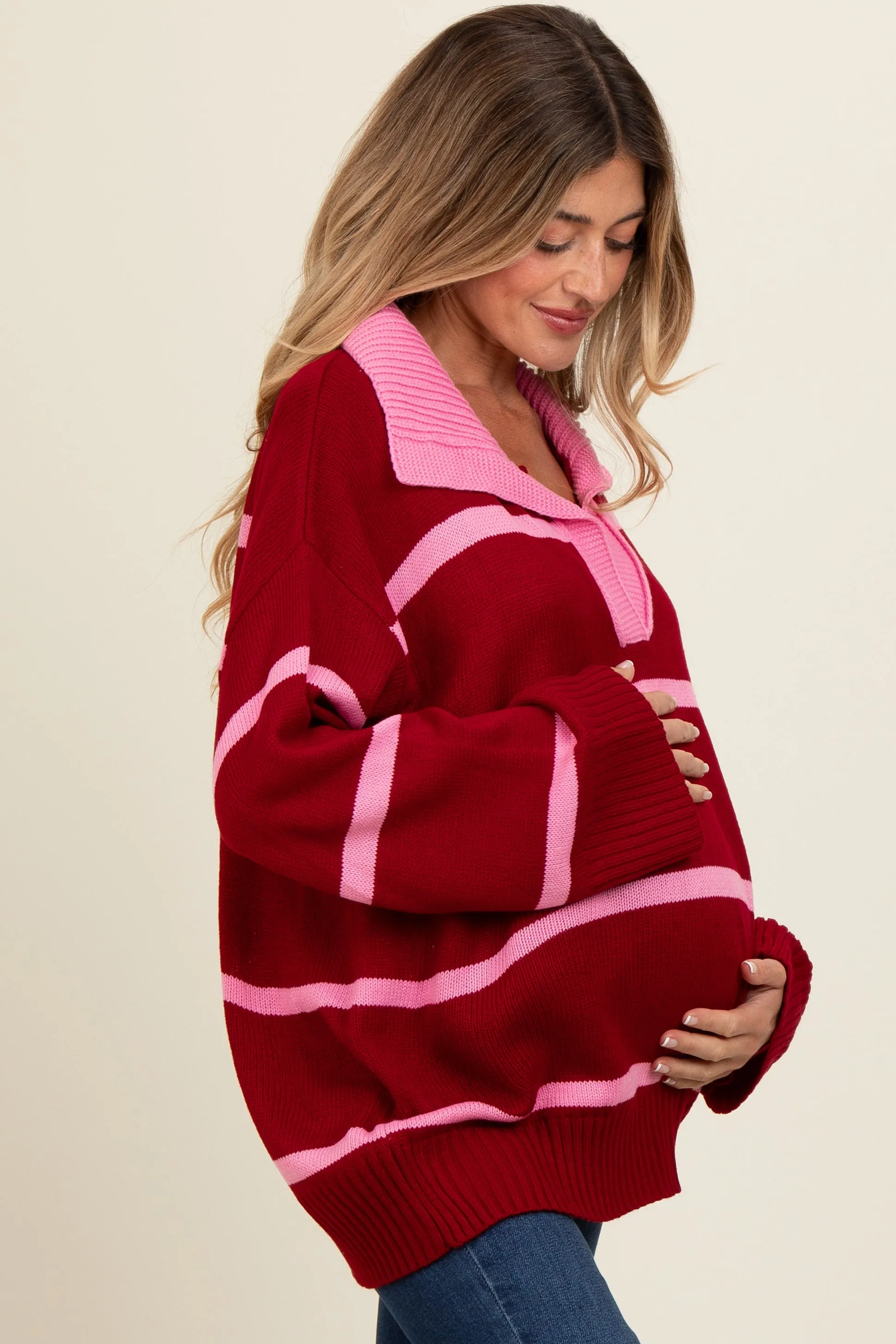 Red Striped Collared Maternity Sweater sold by Pinkblush product image thumbnail 3
