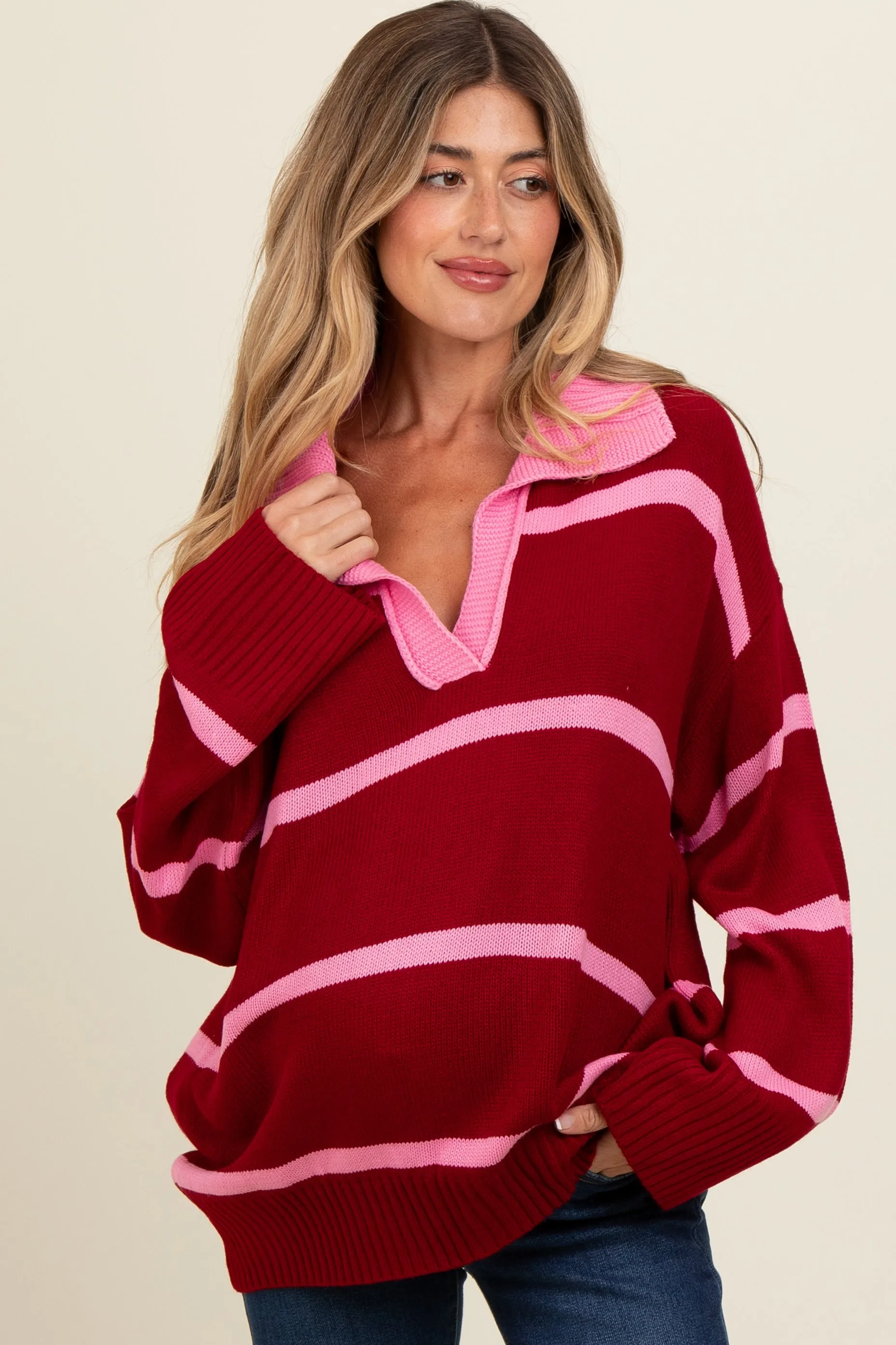 Red Striped Collared Maternity Sweater sold by Pinkblush