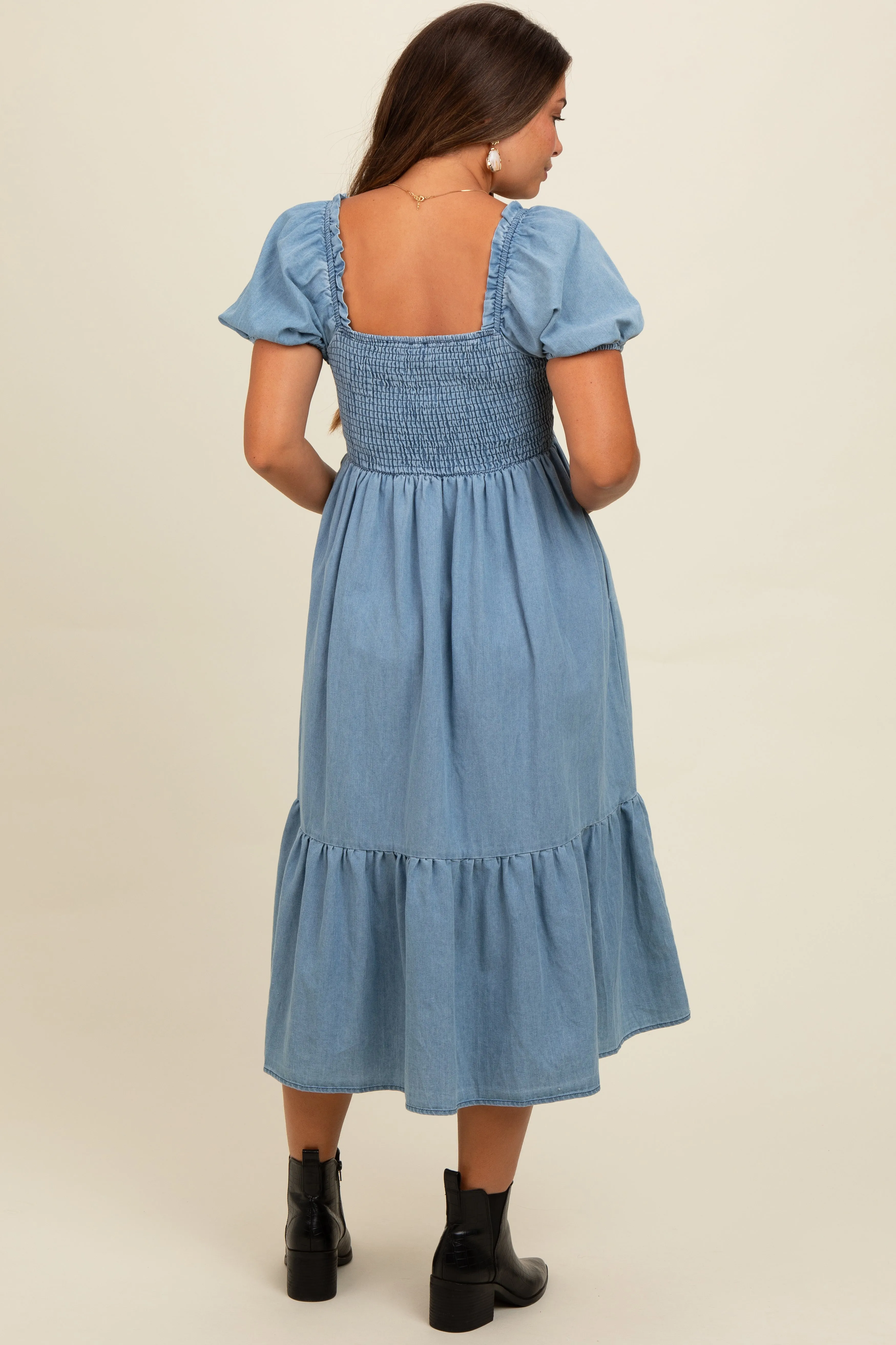 Light Blue Vintage Wash Chambray Smocked Maternity Midi Dress sold by Pinkblush product image thumbnail 4