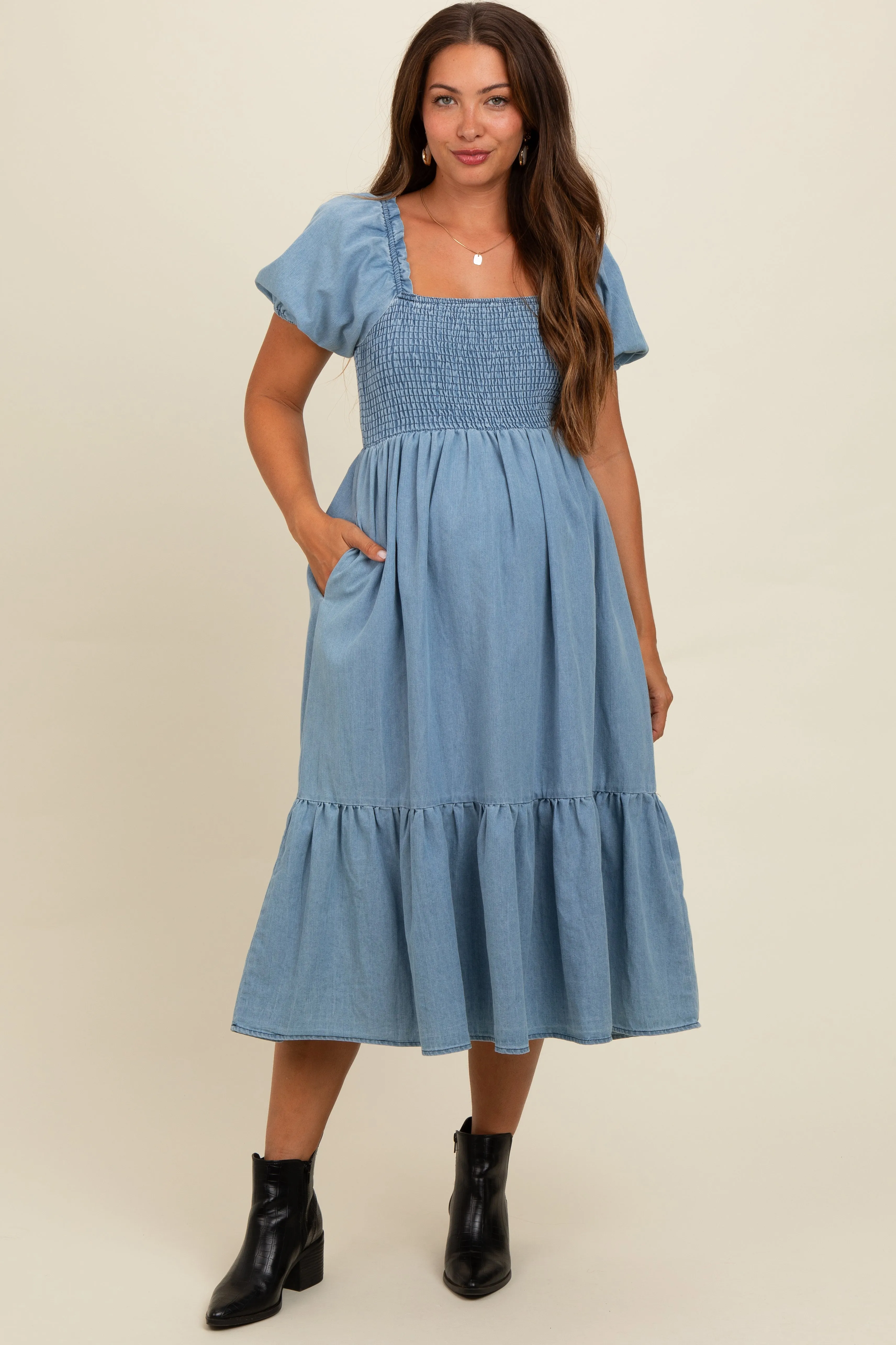 Light Blue Vintage Wash Chambray Smocked Maternity Midi Dress sold by Pinkblush product image thumbnail 2