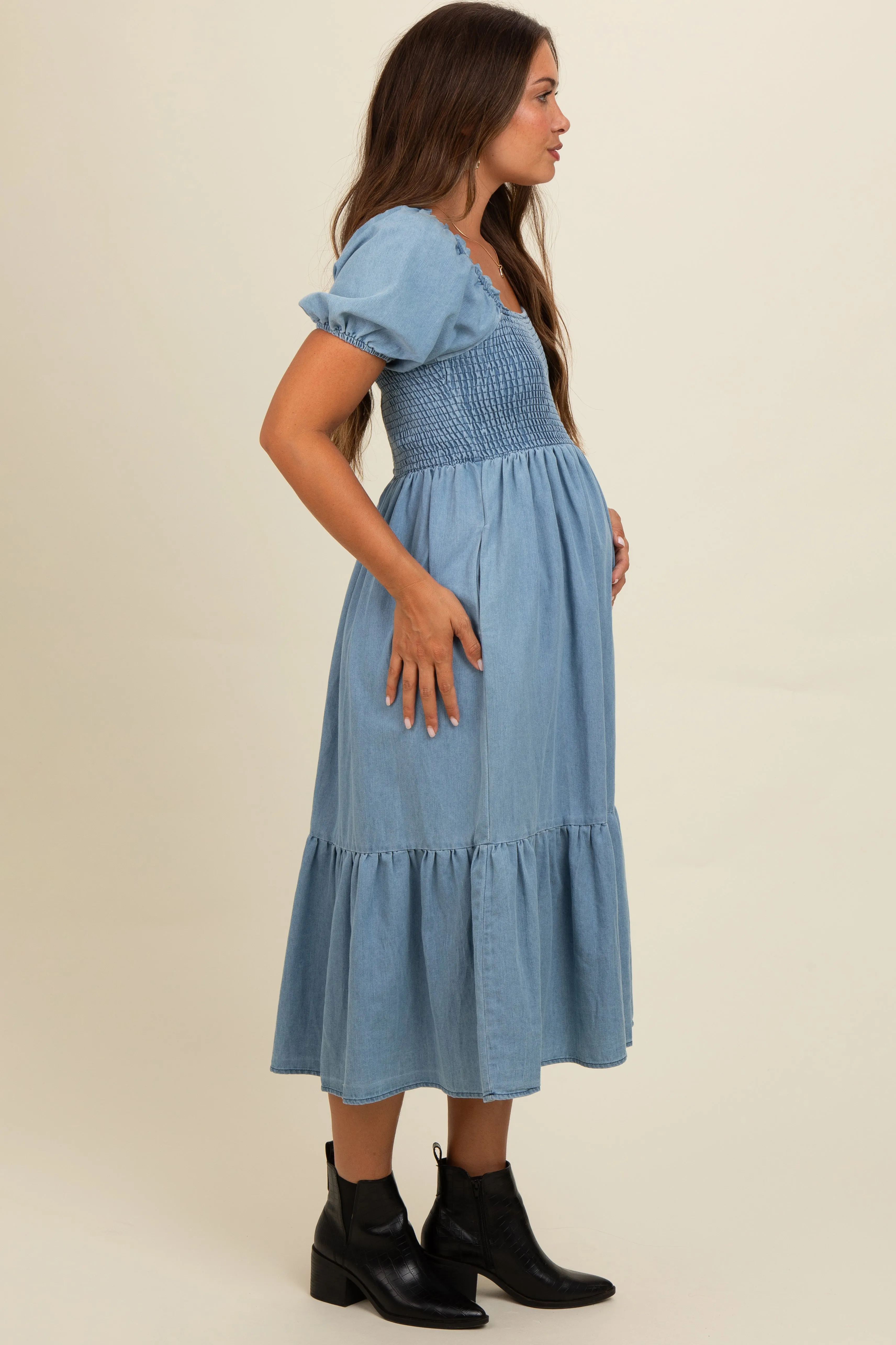 Light Blue Vintage Wash Chambray Smocked Maternity Midi Dress sold by Pinkblush product image thumbnail 3