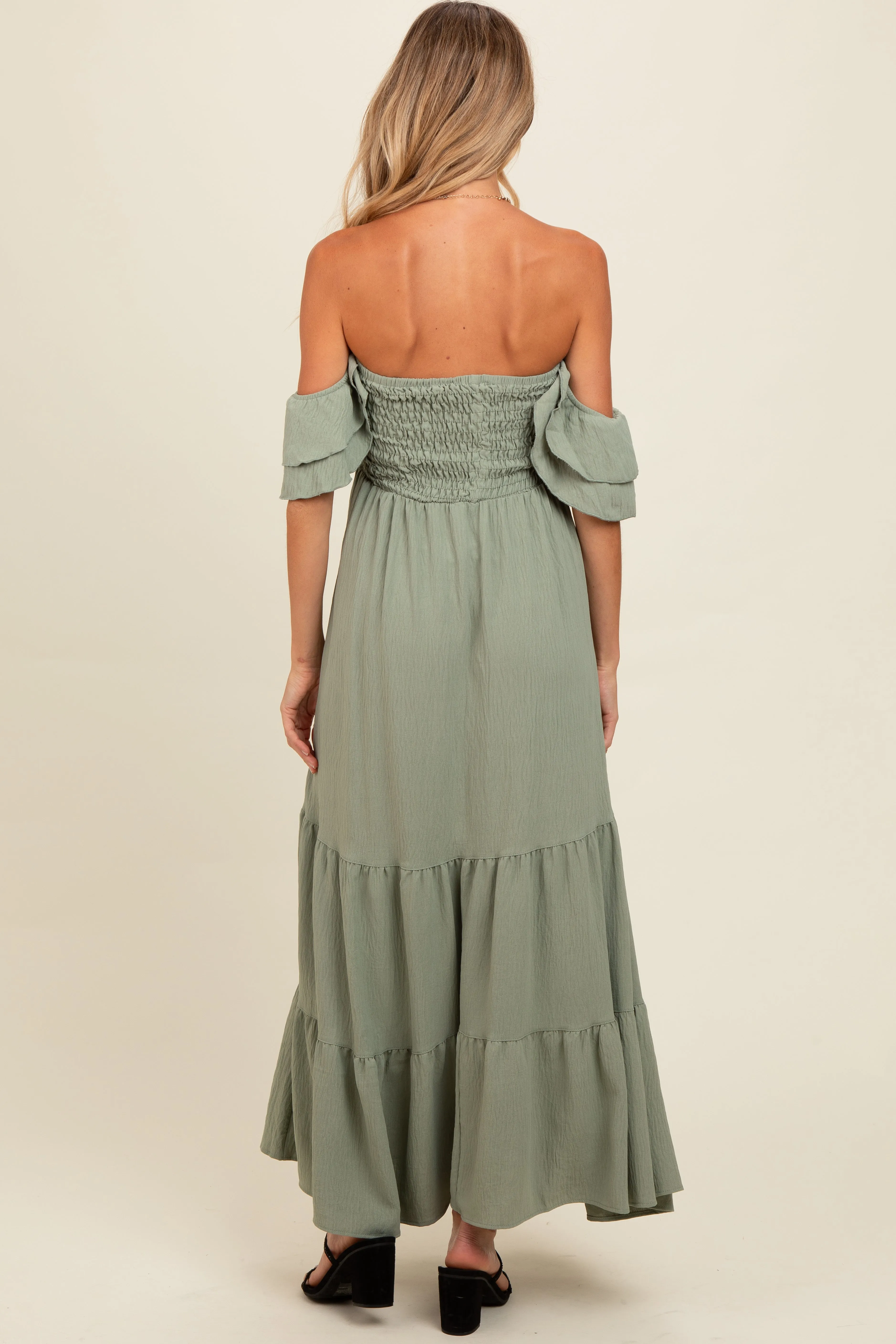 Light Olive Smocked Ruffle Off Shoulder Tiered Maternity Maxi Dress sold by Pinkblush product image thumbnail 4