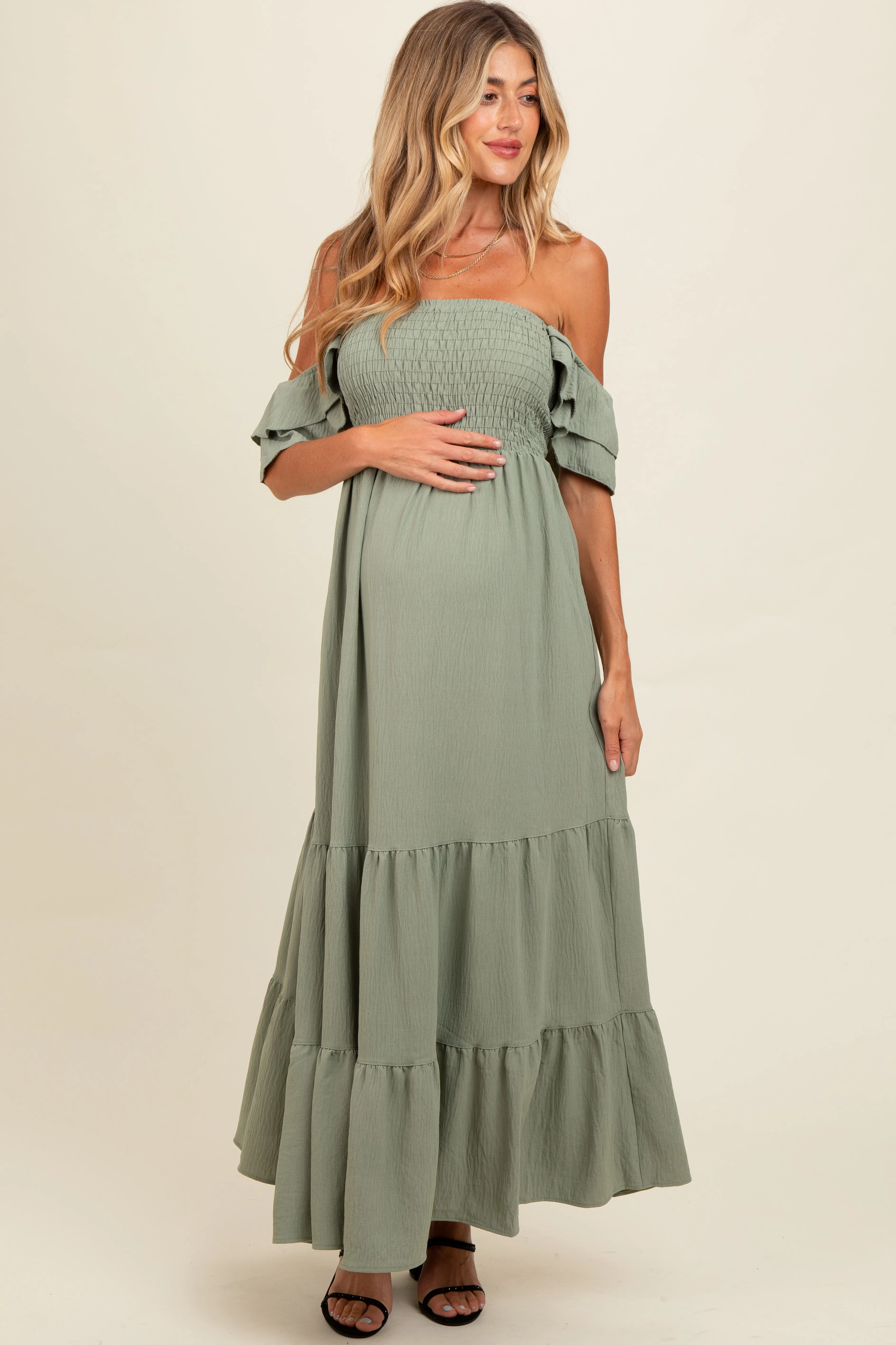 Light Olive Smocked Ruffle Off Shoulder Tiered Maternity Maxi Dress sold by Pinkblush