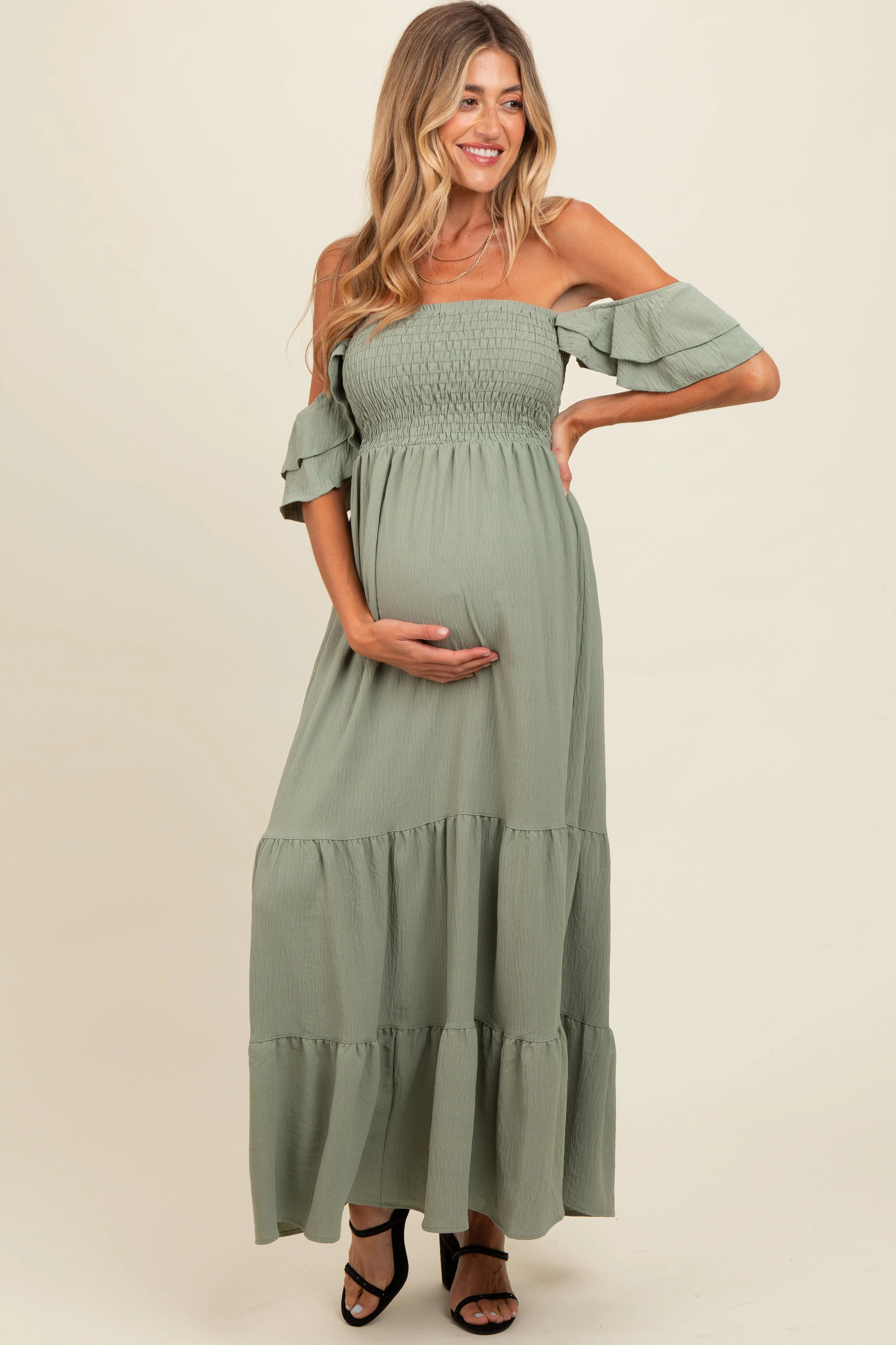 Light Olive Smocked Ruffle Off Shoulder Tiered Maternity Maxi Dress sold by Pinkblush product image thumbnail 2
