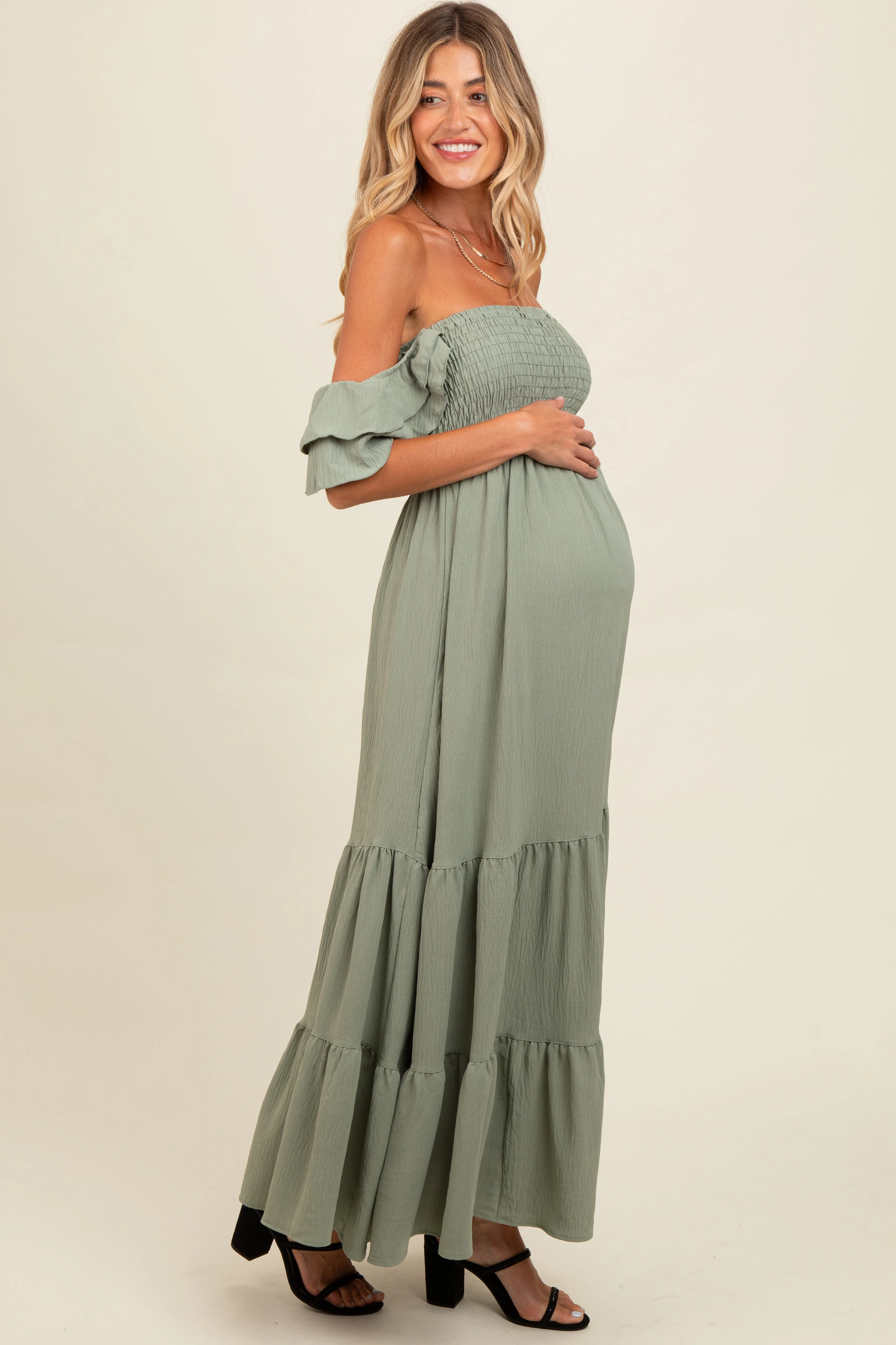 Light Olive Smocked Ruffle Off Shoulder Tiered Maternity Maxi Dress sold by Pinkblush product image thumbnail 3