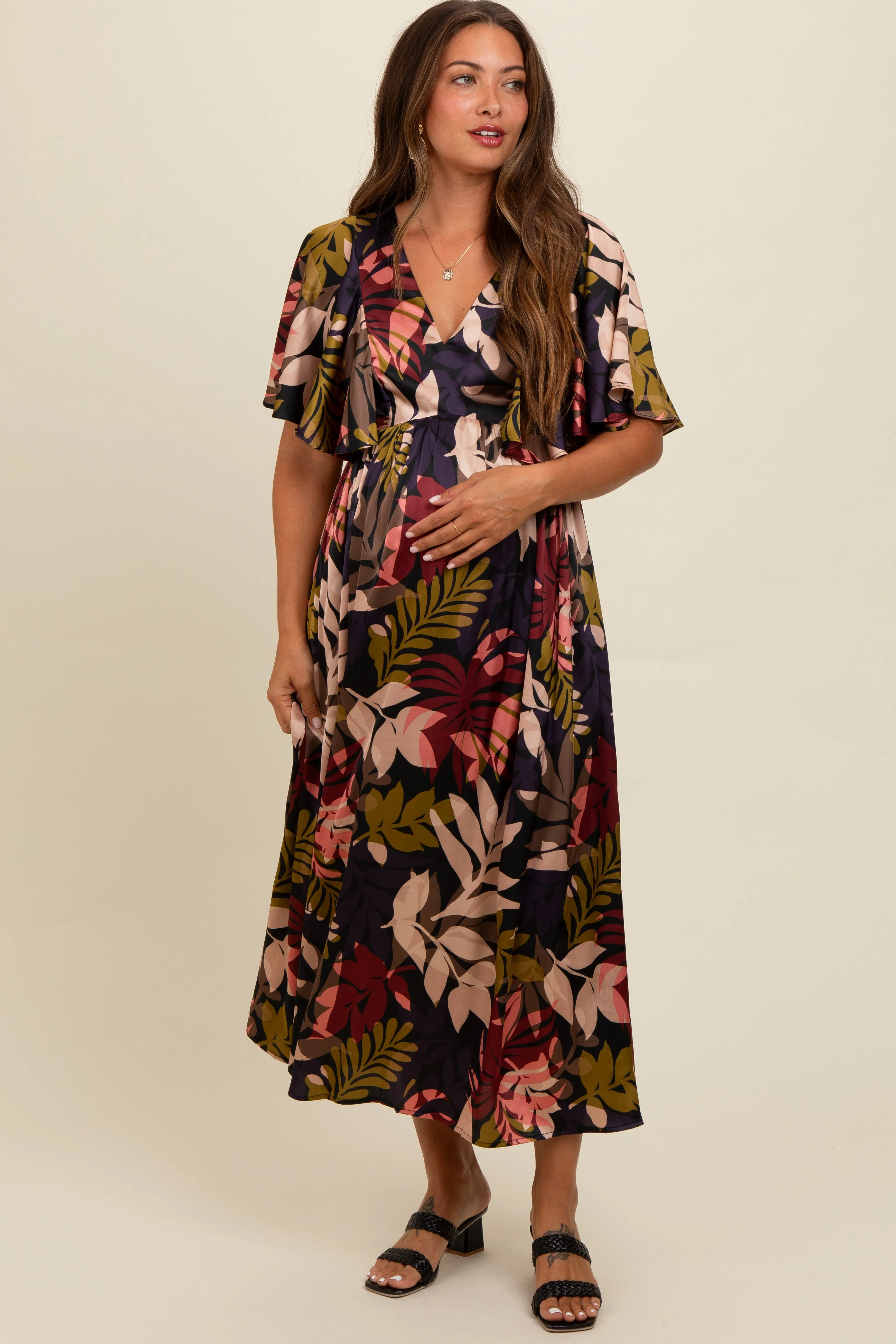 Black Tropical Print Flutter Sleeve Satin Maternity Midi Dress sold by Pinkblush