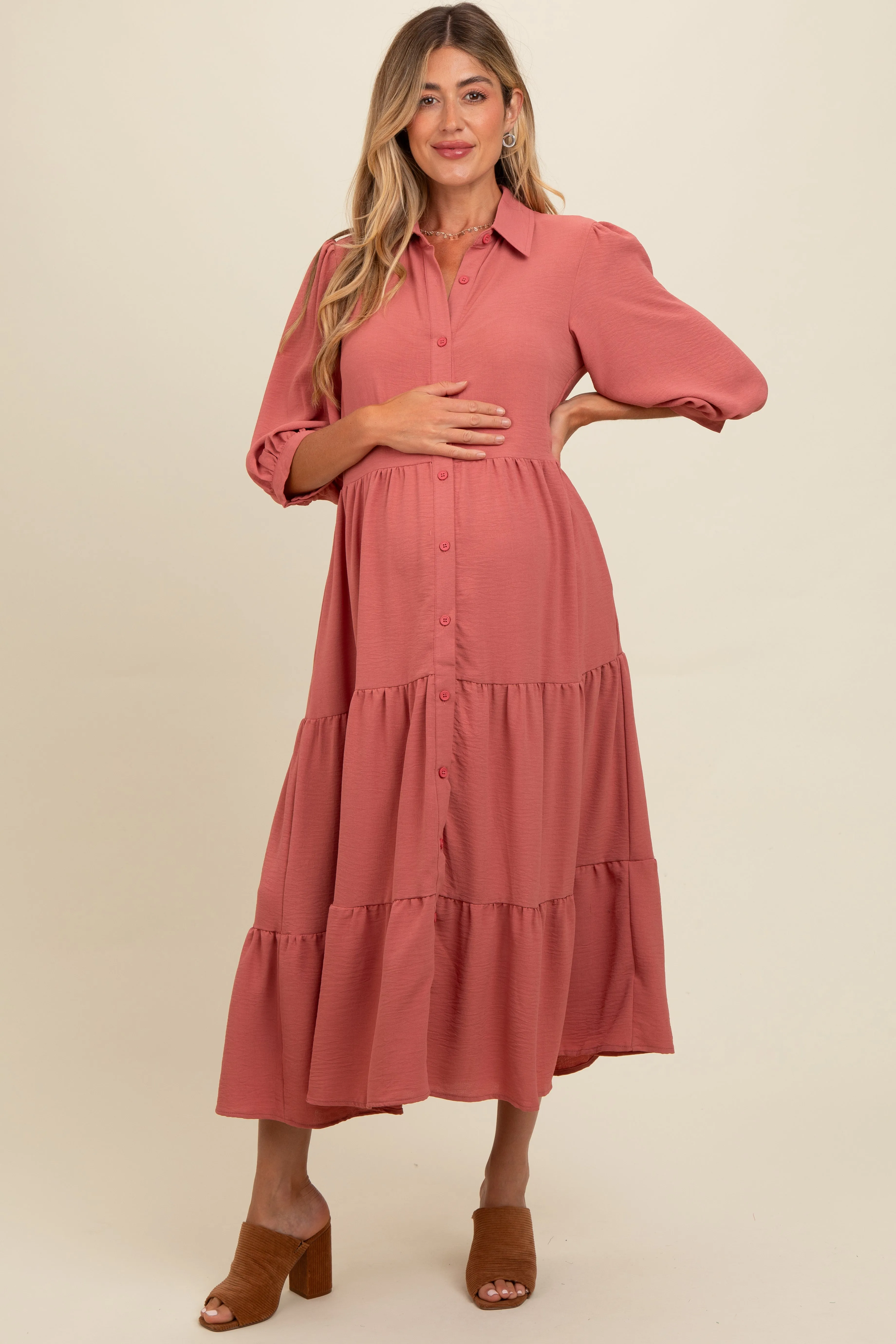 Salmon Tiered Button Down Maternity Midi Dress sold by Pinkblush product image thumbnail 2
