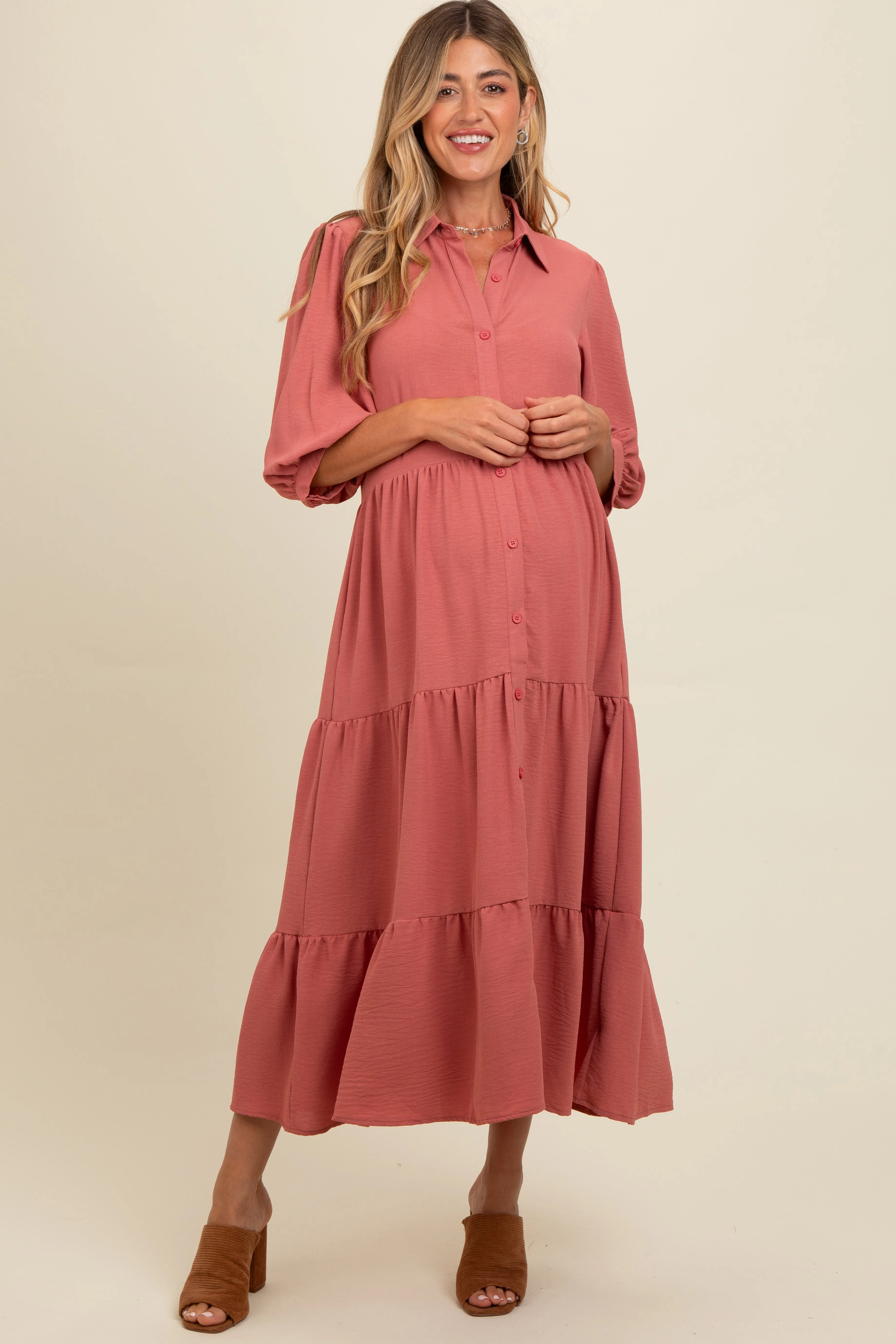 Salmon Tiered Button Down Maternity Midi Dress sold by Pinkblush