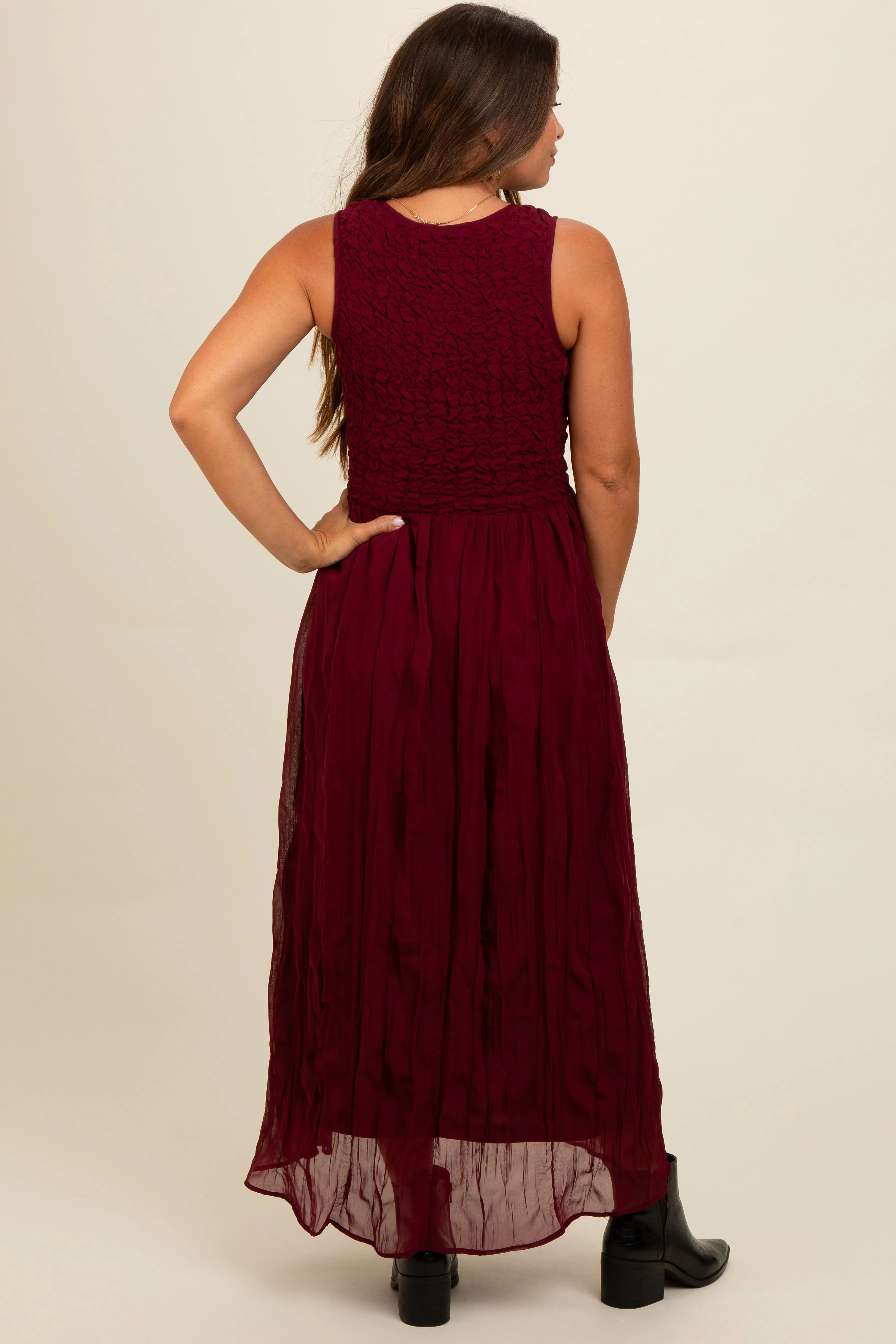 Burgundy Textured Smocked Bodice Sleeveless Maternity Maxi Dress sold by Pinkblush product image thumbnail 4
