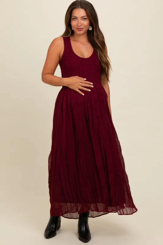 Burgundy Textured Smocked Bodice Sleeveless Maternity Maxi Dress sold by Pinkblush