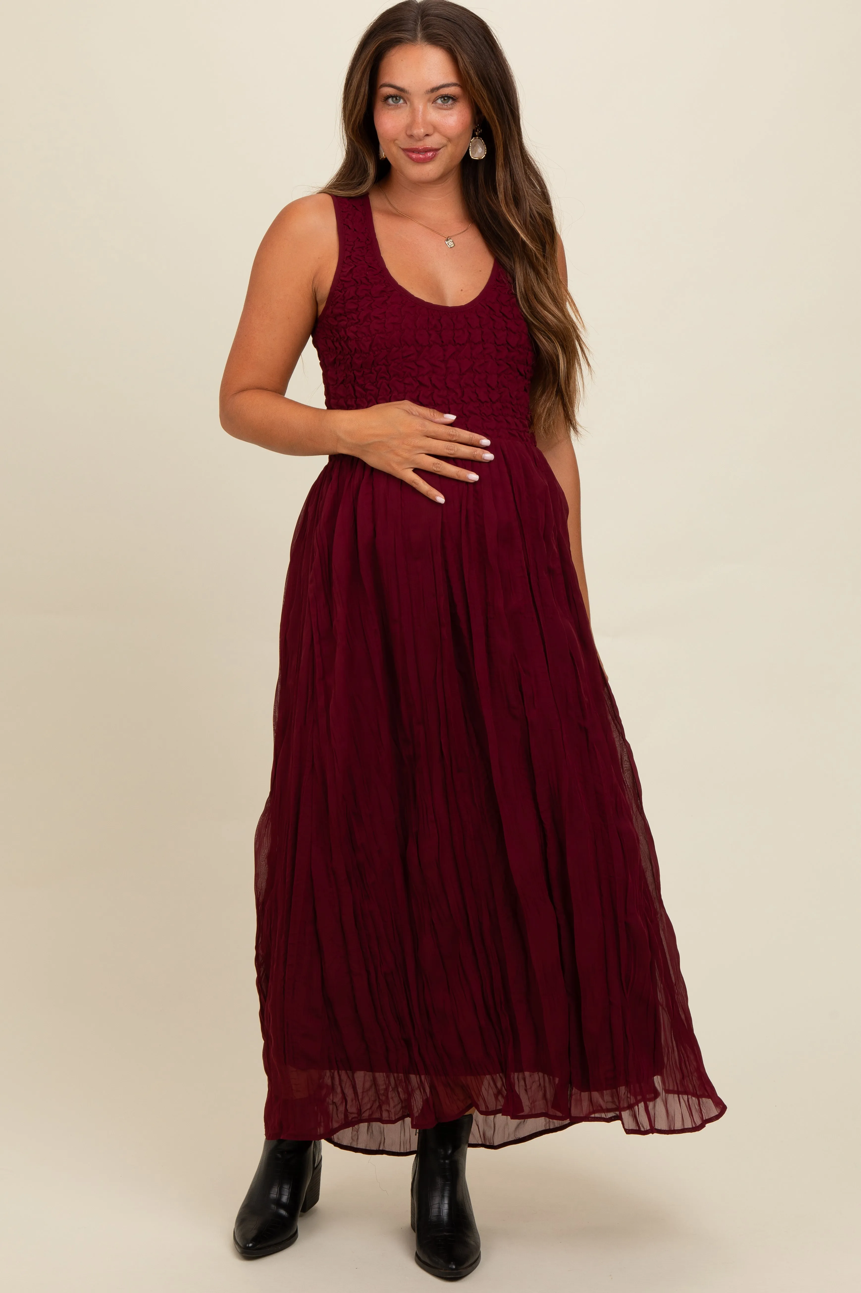 Burgundy Textured Smocked Bodice Sleeveless Maternity Maxi Dress sold by Pinkblush