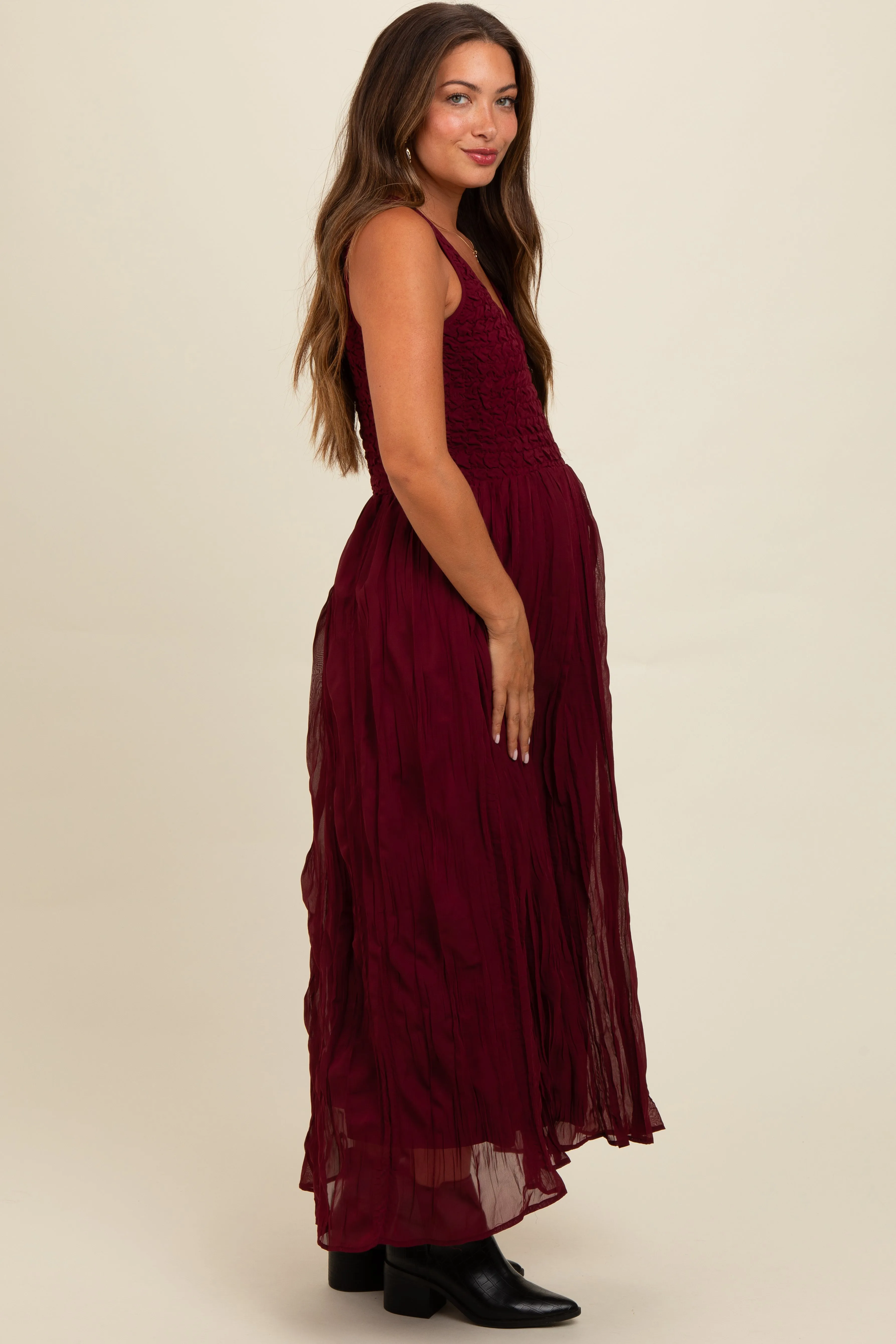 Burgundy Textured Smocked Bodice Sleeveless Maternity Maxi Dress sold by Pinkblush product image thumbnail 2