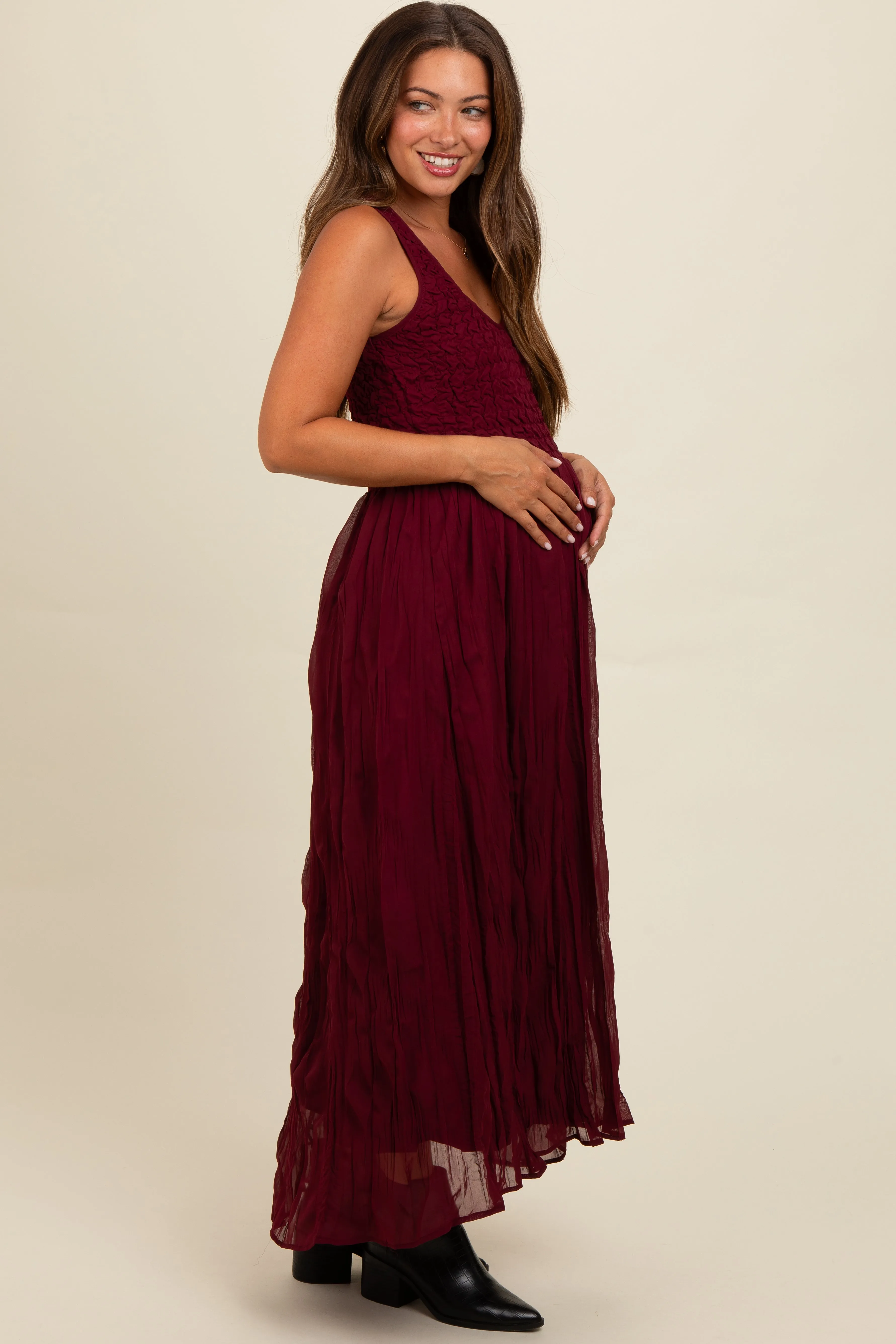 Burgundy Textured Smocked Bodice Sleeveless Maternity Maxi Dress sold by Pinkblush product image thumbnail 3