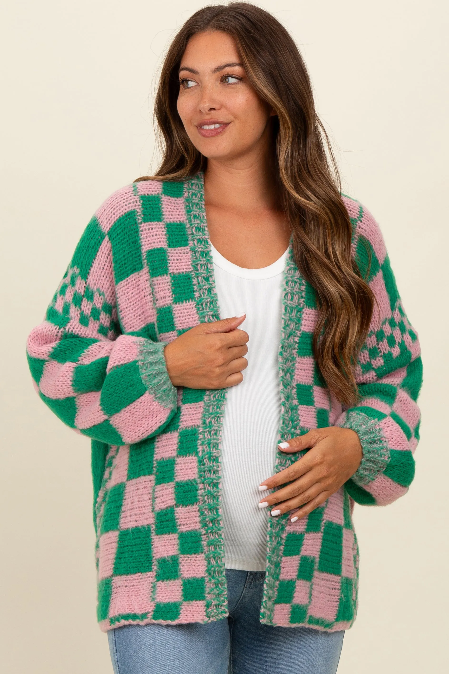 Pink Checkered Maternity Cardigan Sweater sold by Pinkblush product image thumbnail 4