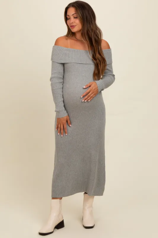 Heather Grey Off Shoulder Back Tie Maternity Sweater Midi Dress sold by Pinkblush