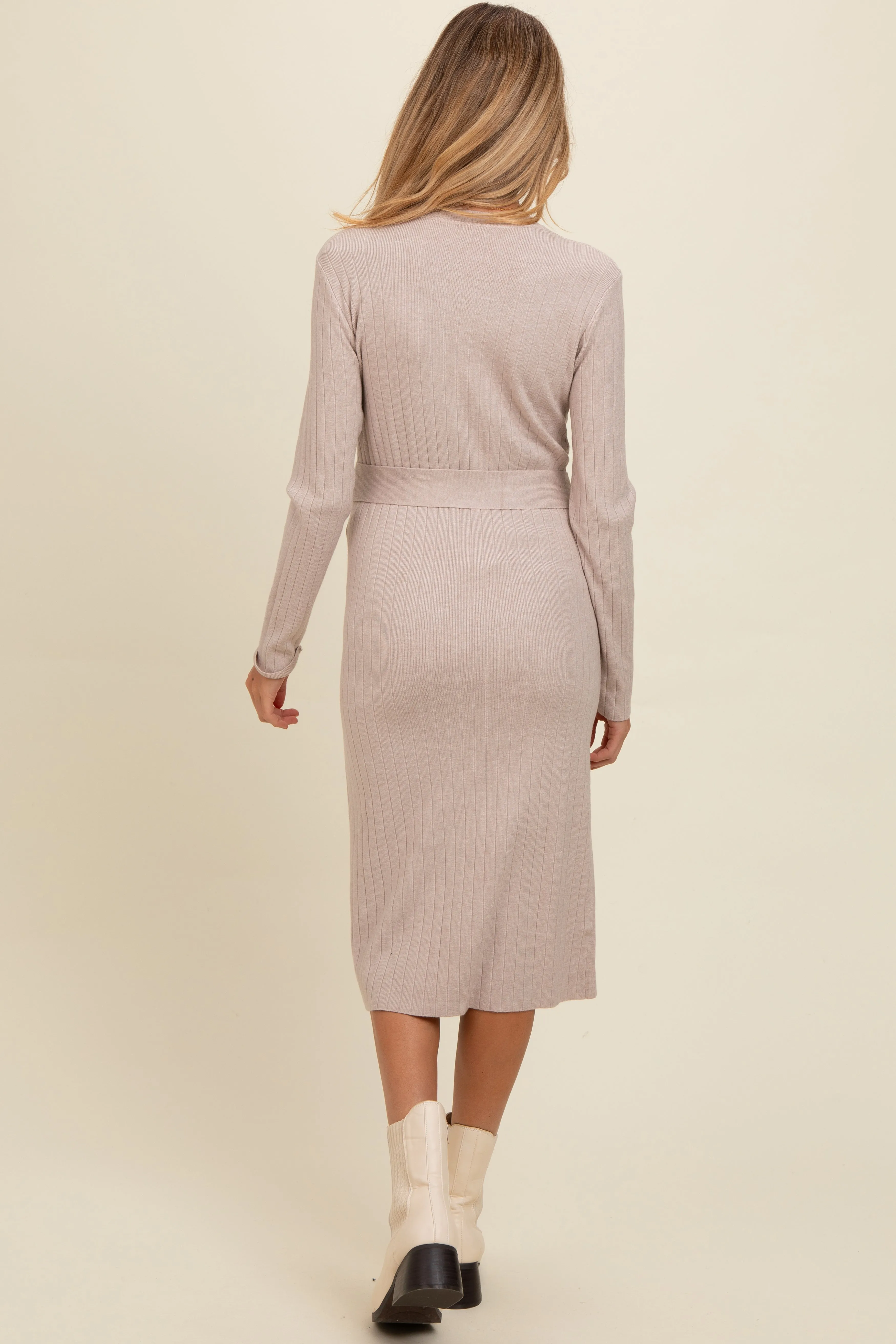 Beige Ribbed Sash Tie Maternity Midi Sweater Dress sold by Pinkblush product image thumbnail 4