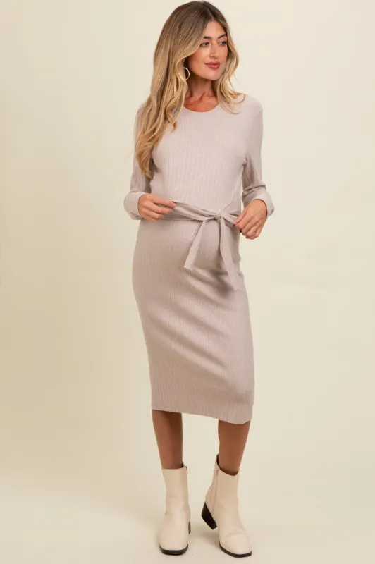 Beige Ribbed Sash Tie Maternity Midi Sweater Dress sold by Pinkblush
