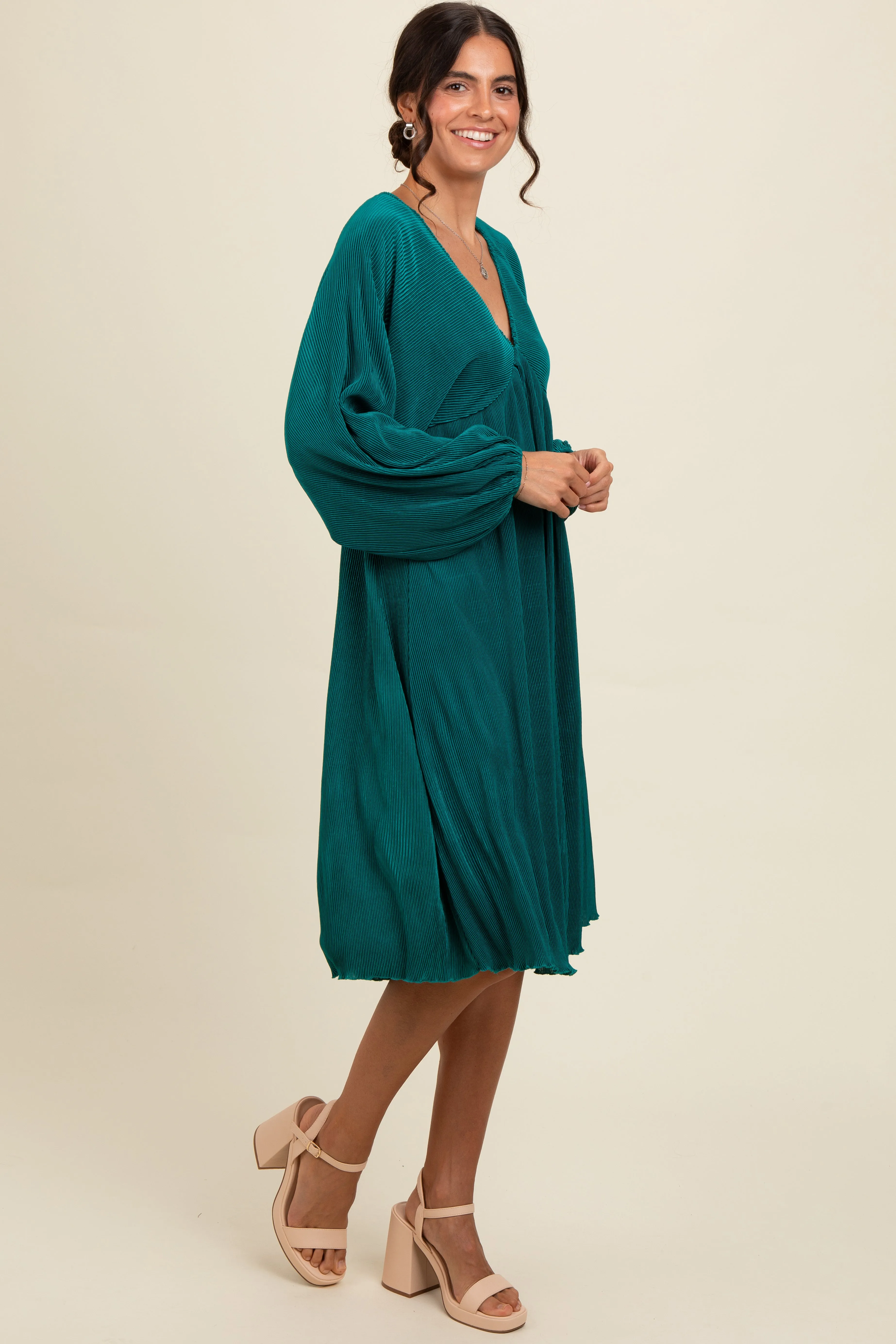 Forest Green Pleated Deep V-Neck Midi Dress sold by Pinkblush product image thumbnail 2