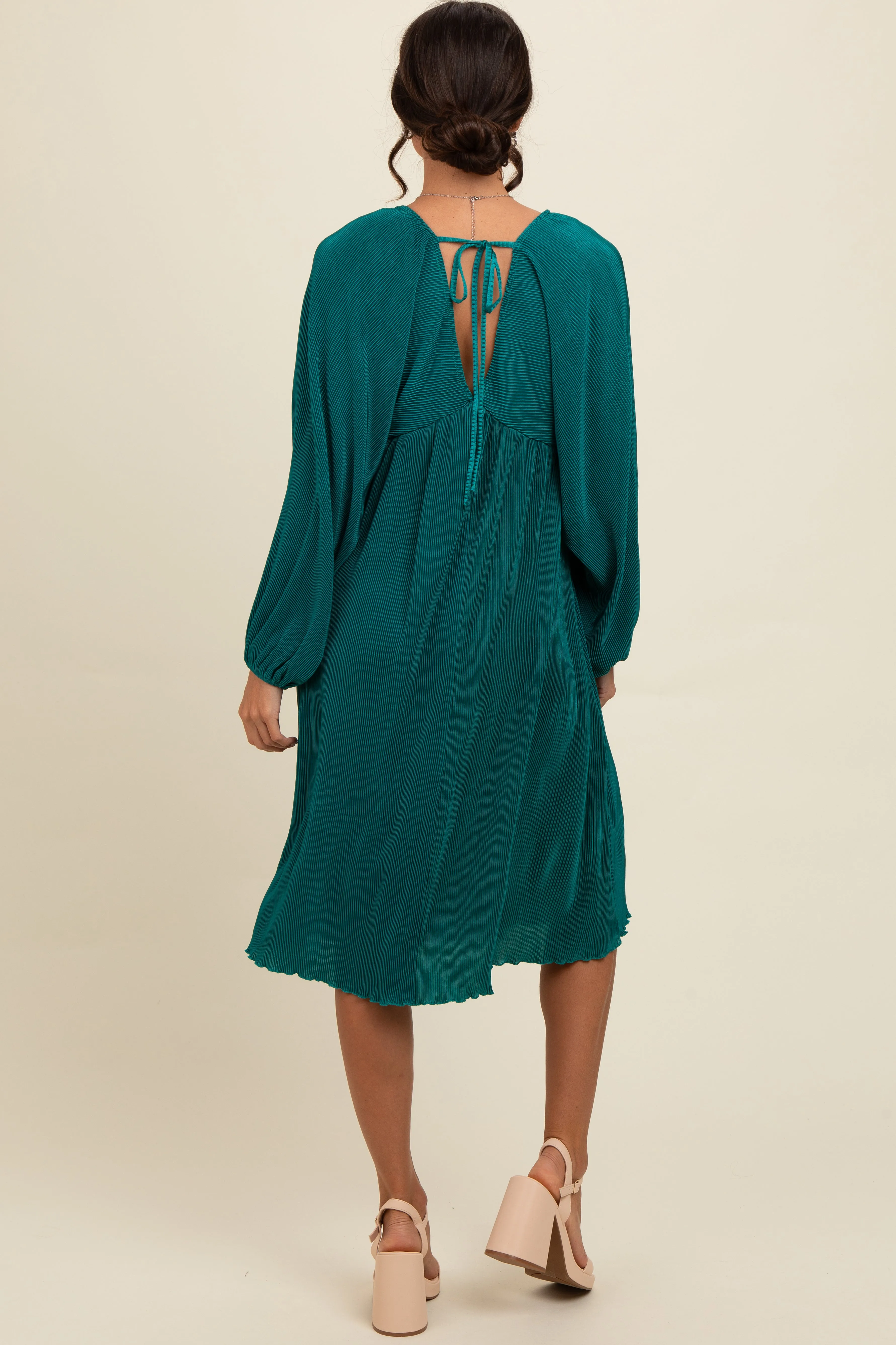 Forest Green Pleated Deep V-Neck Midi Dress sold by Pinkblush product image thumbnail 3