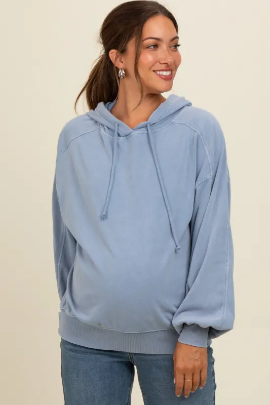 Blue Vintage Wash Oversized Maternity Drawstring Hoodie sold by Pinkblush