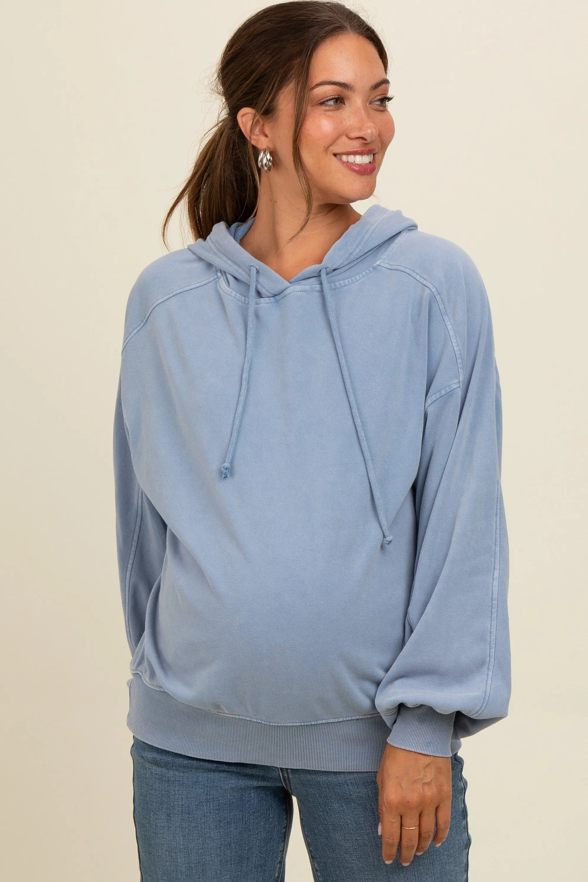 Blue Vintage Wash Oversized Maternity Drawstring Hoodie sold by Pinkblush