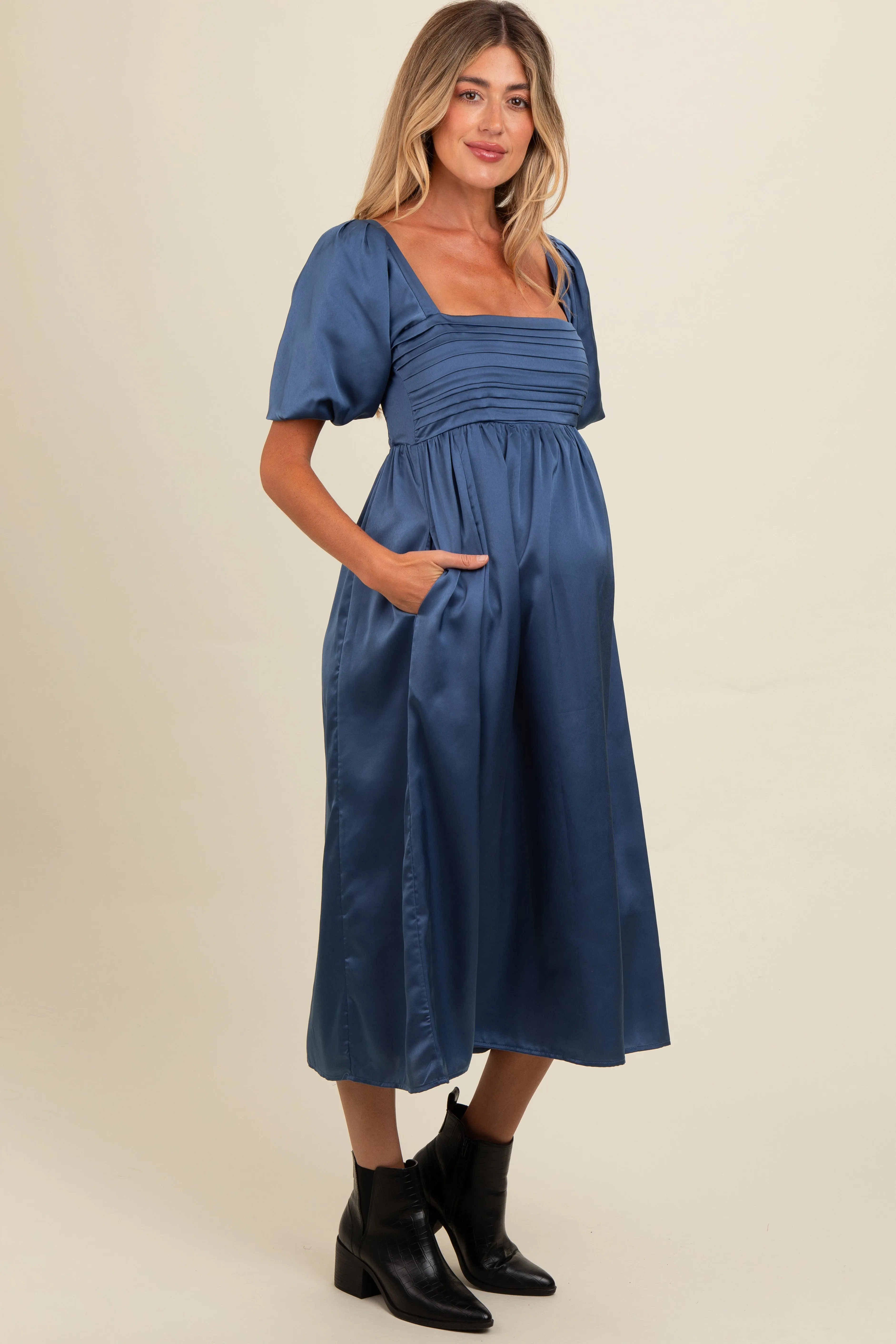 Blue Satin Pleated Bodice Puff Sleeve Maternity Midi Dress sold by Pinkblush product image thumbnail 3