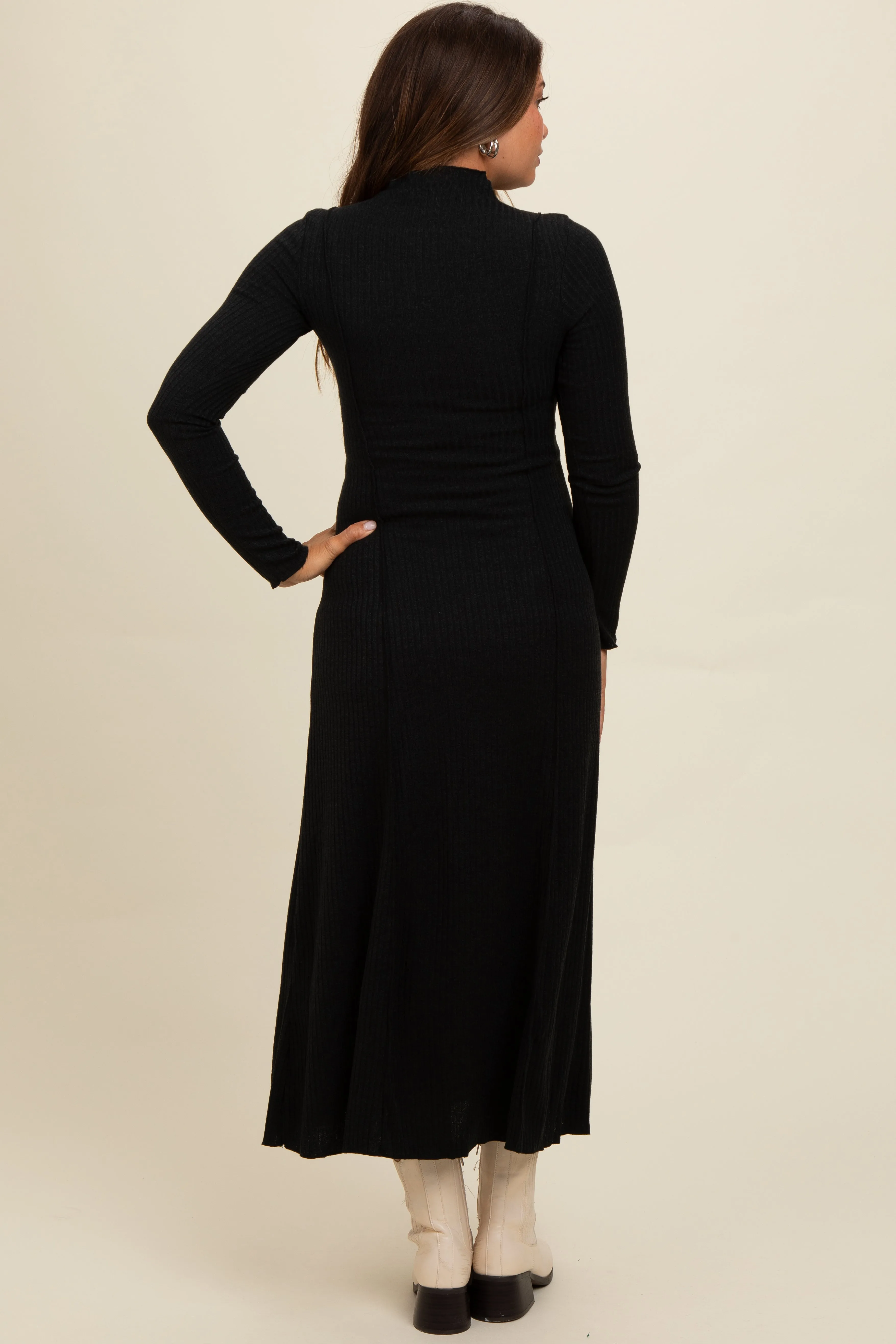 Black Ribbed Exposed Seam Mock Neck Maternity Dress sold by Pinkblush product image thumbnail 4