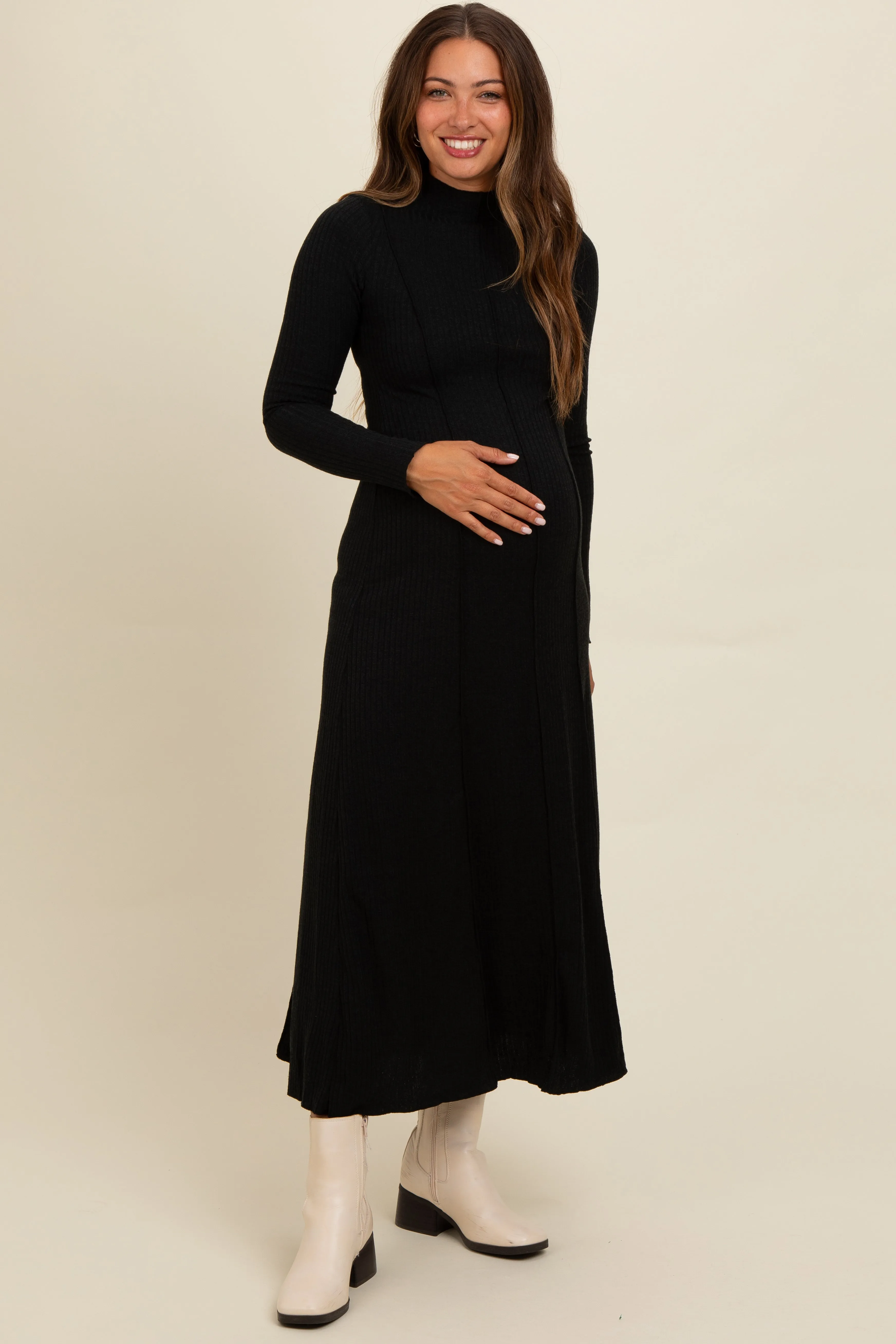 Black Ribbed Exposed Seam Mock Neck Maternity Dress sold by Pinkblush