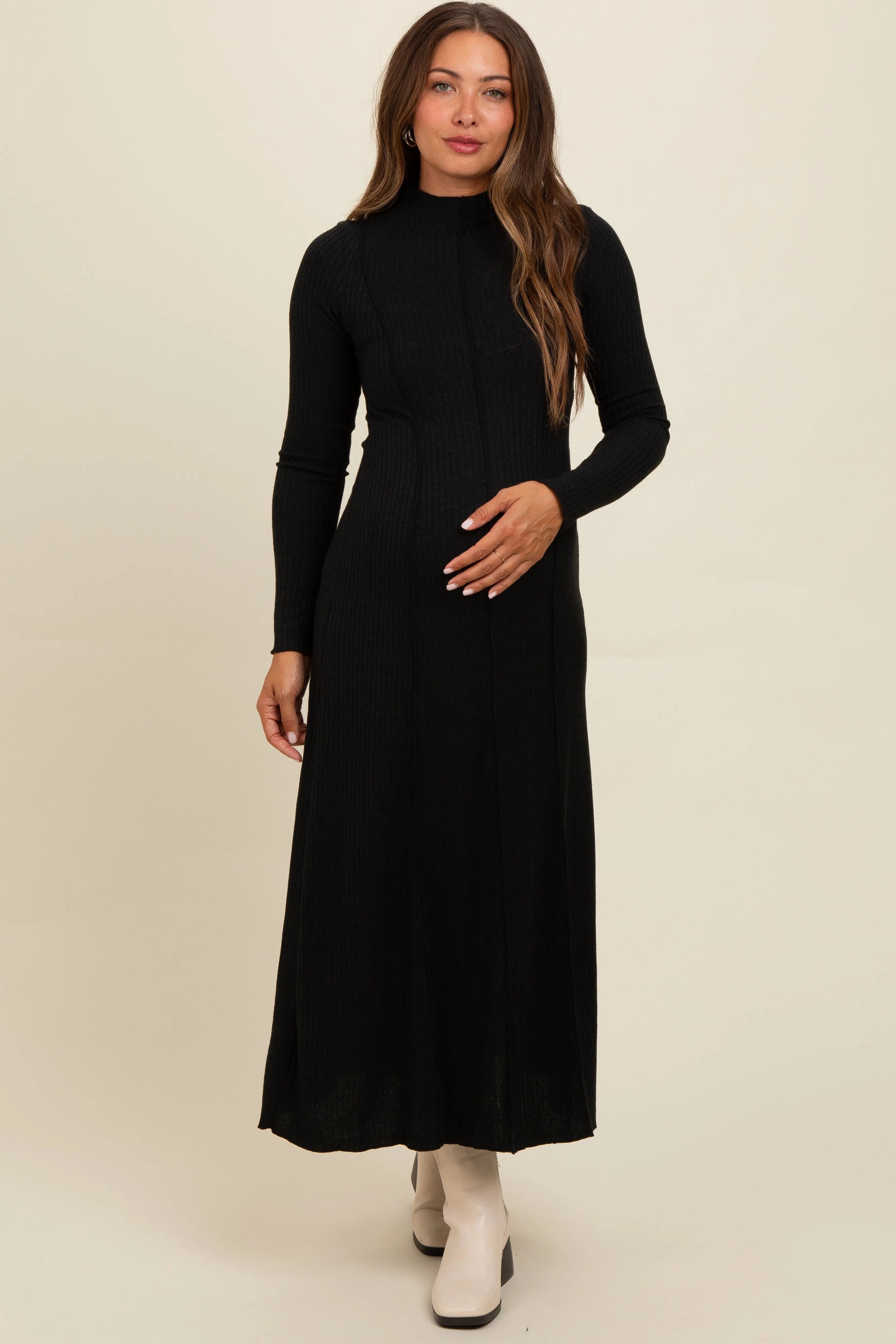 Black Ribbed Exposed Seam Mock Neck Maternity Dress sold by Pinkblush product image thumbnail 2
