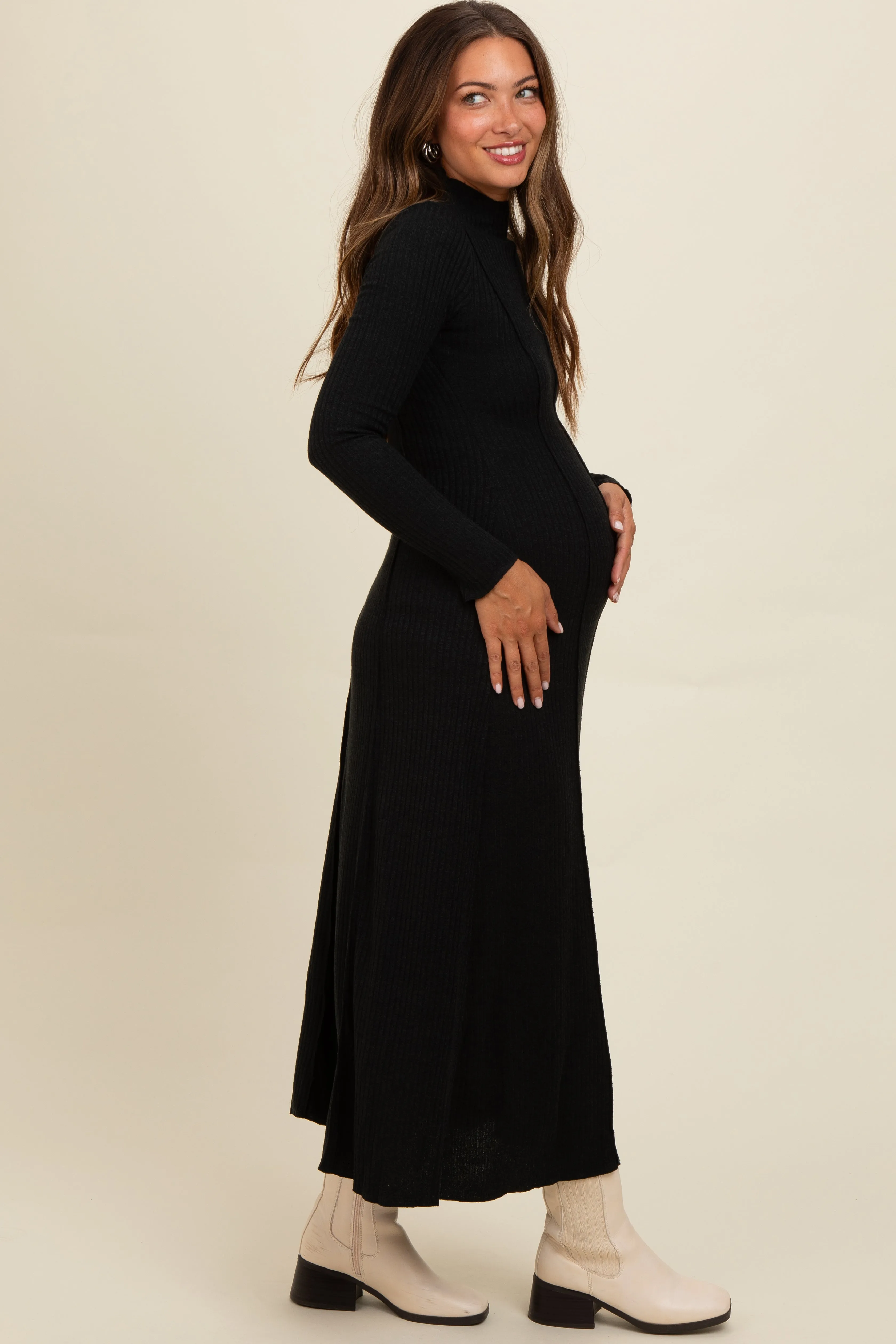 Black Ribbed Exposed Seam Mock Neck Maternity Dress sold by Pinkblush product image thumbnail 3