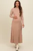 Beige Ribbed Exposed Seam Mock Neck Maternity Dress sold by Pinkblush
