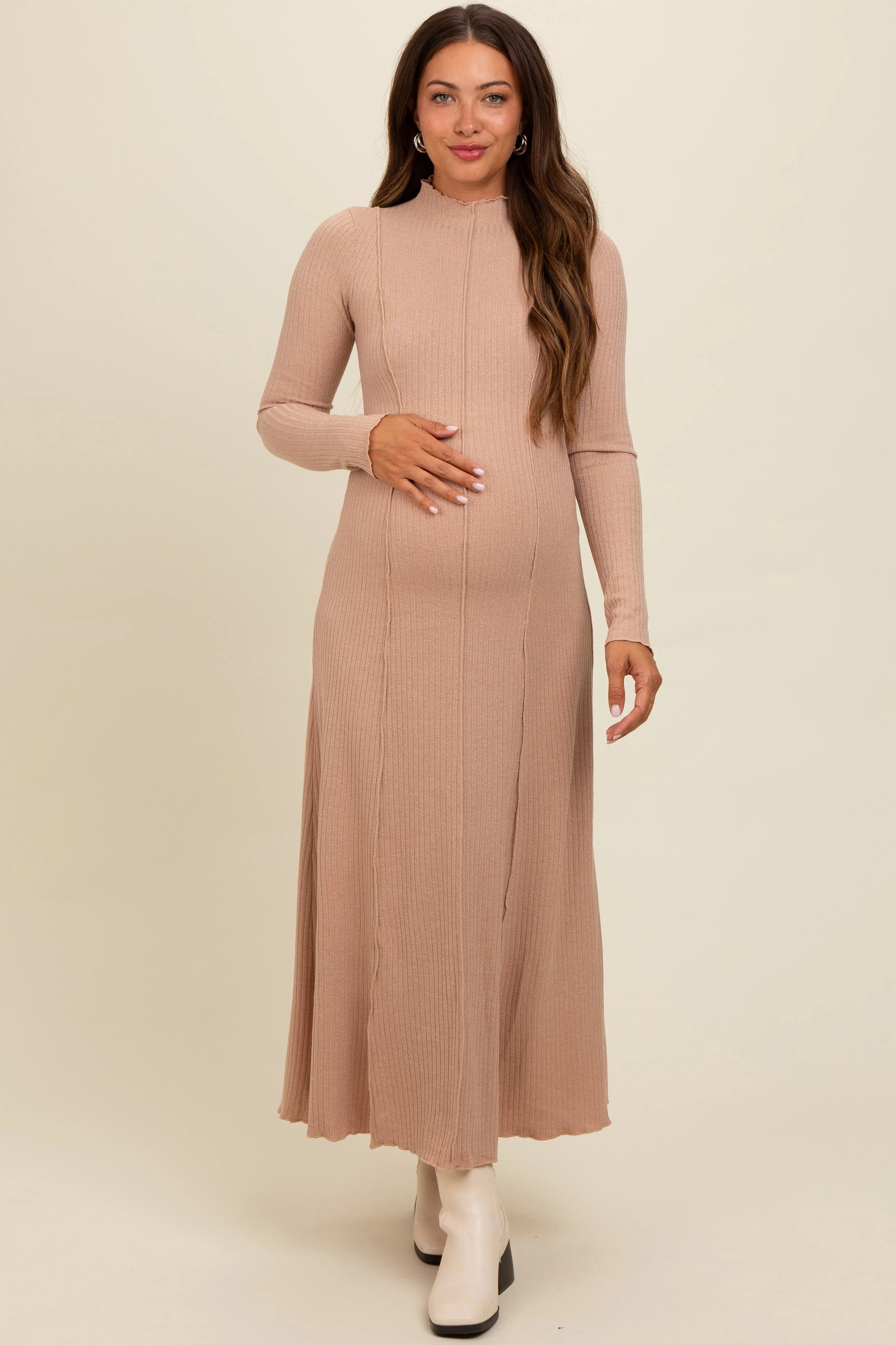 Beige Ribbed Exposed Seam Mock Neck Maternity Dress sold by Pinkblush