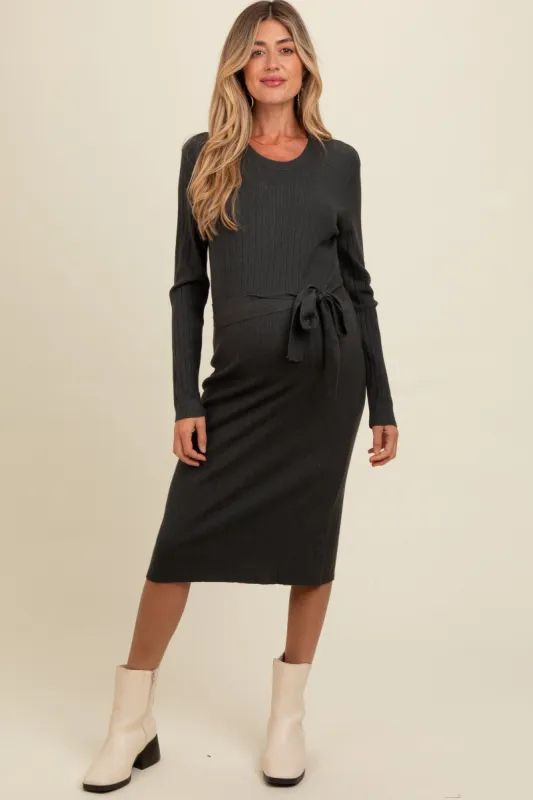 Charcoal Ribbed Sash Tie Maternity Midi Sweater Dress sold by Pinkblush