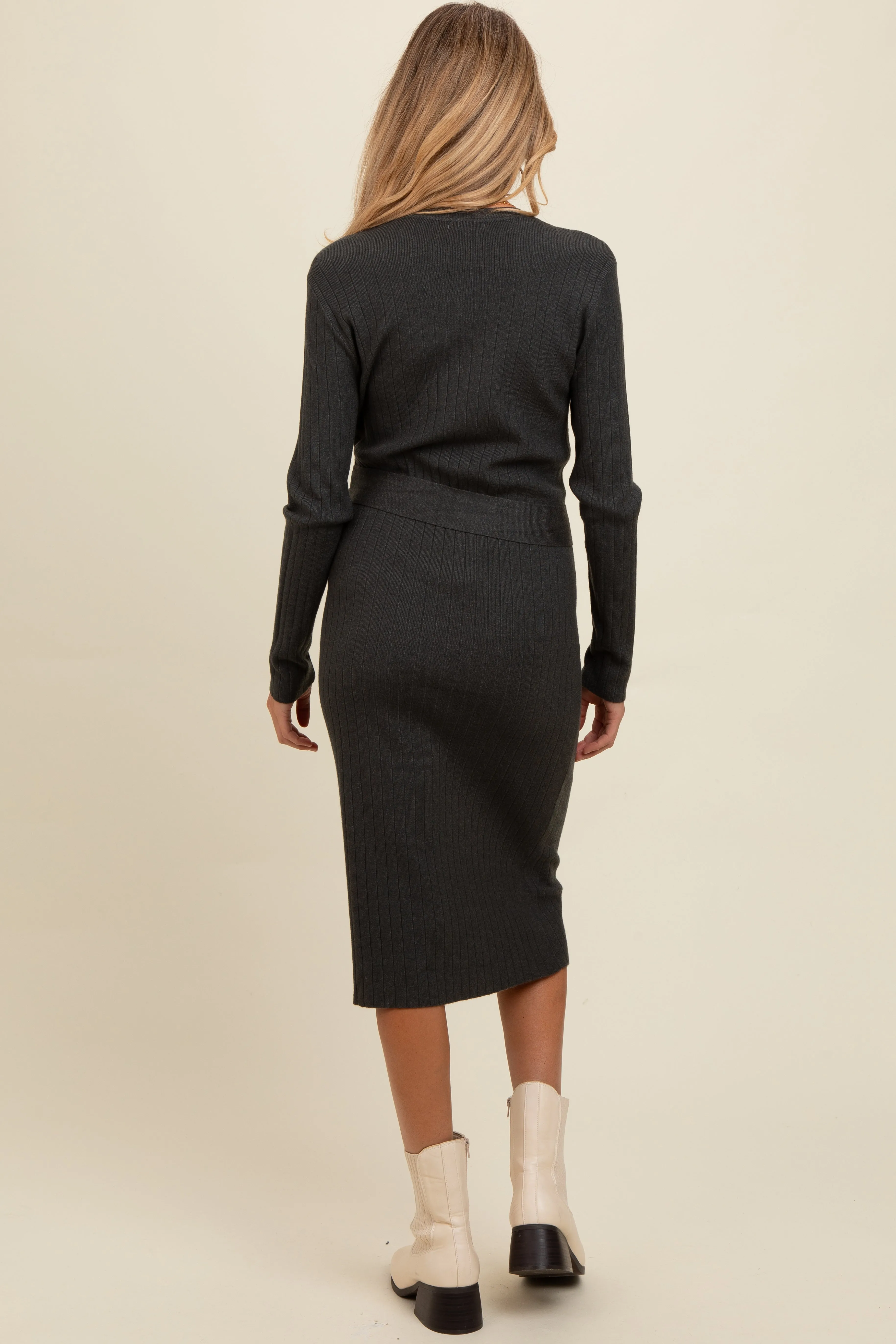 Charcoal Ribbed Sash Tie Maternity Midi Sweater Dress sold by Pinkblush product image thumbnail 2