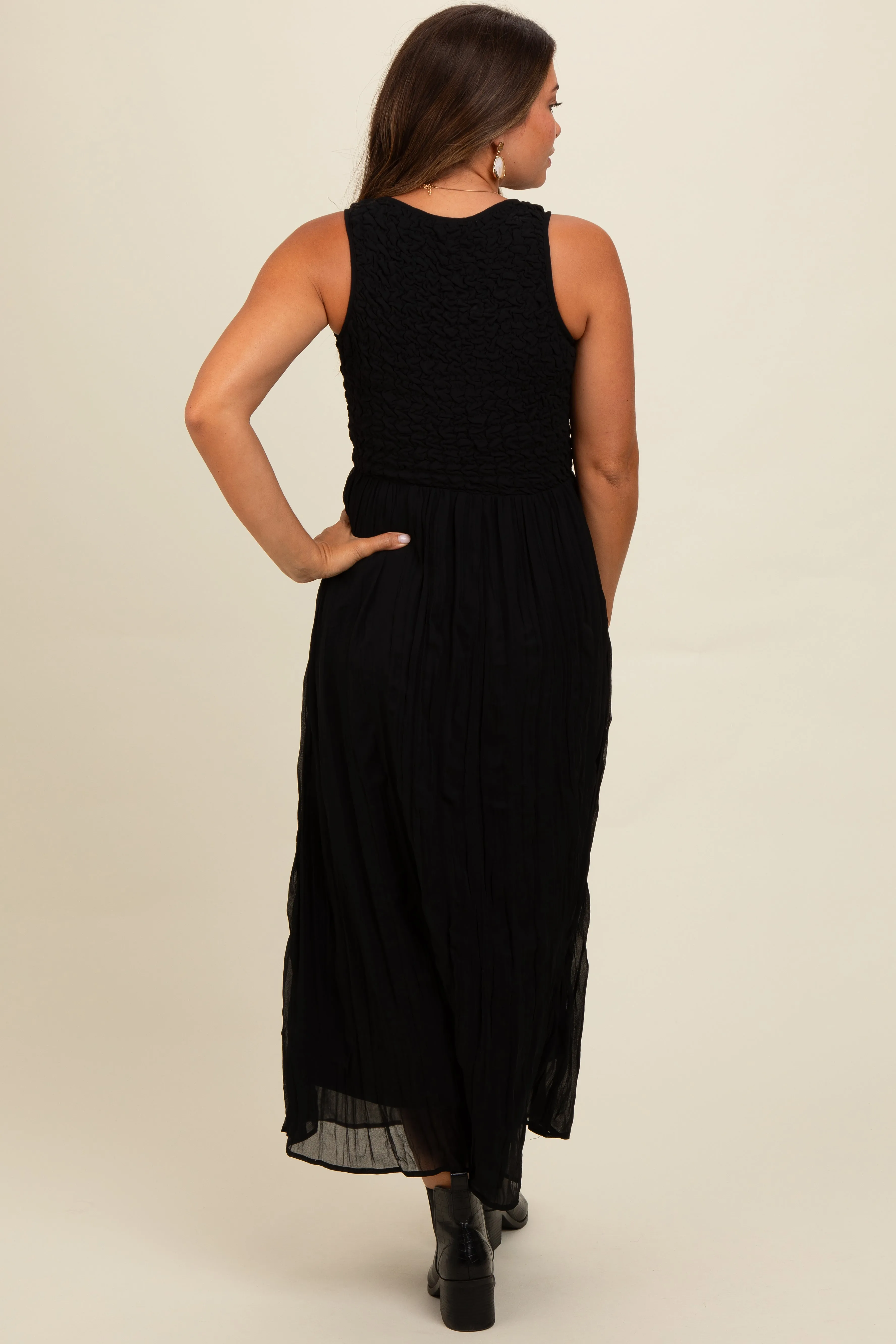 Black Textured Smocked Bodice Sleeveless Maternity Maxi Dress sold by Pinkblush product image thumbnail 4