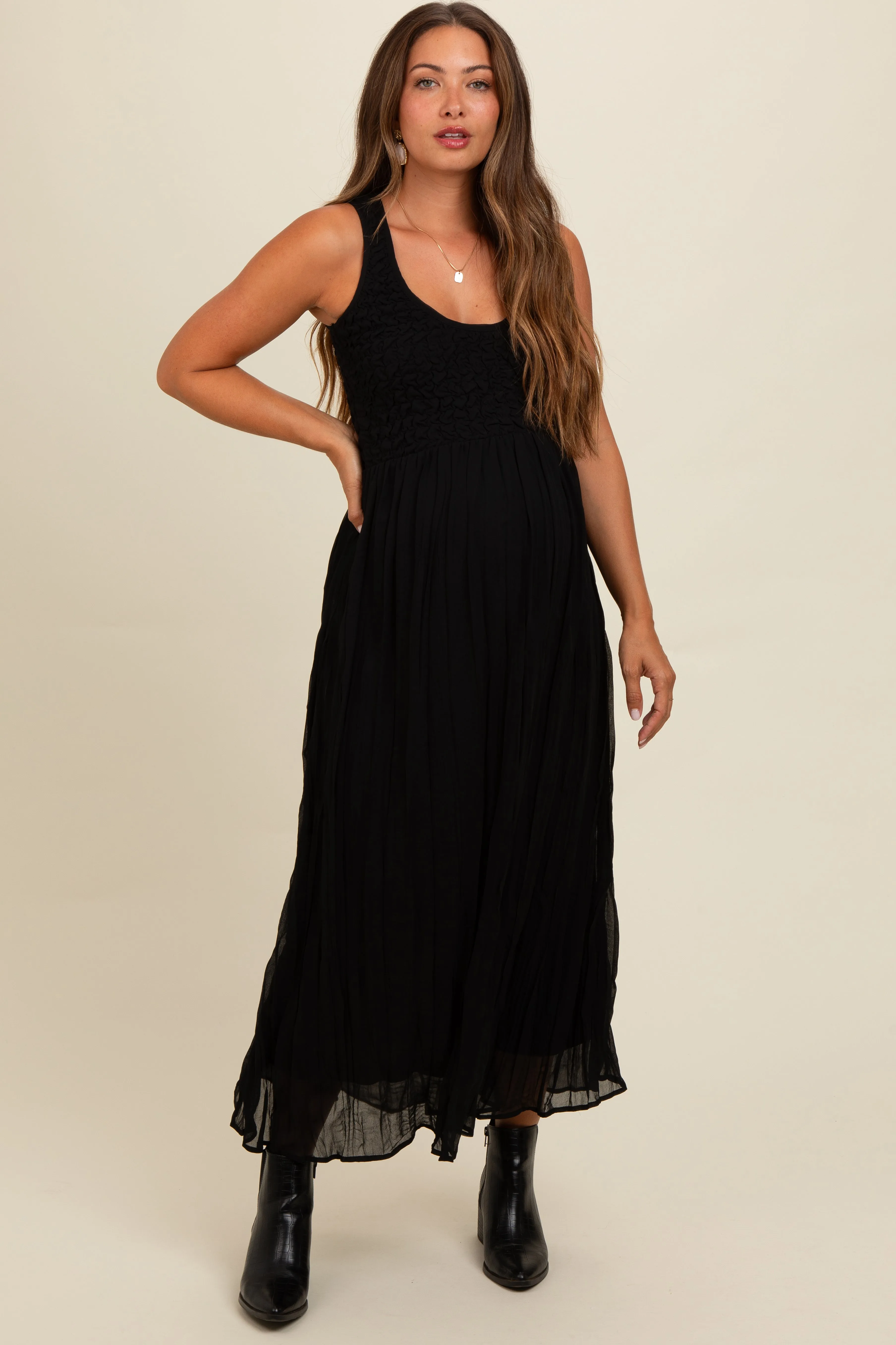 Black Textured Smocked Bodice Sleeveless Maternity Maxi Dress sold by Pinkblush product image thumbnail 2